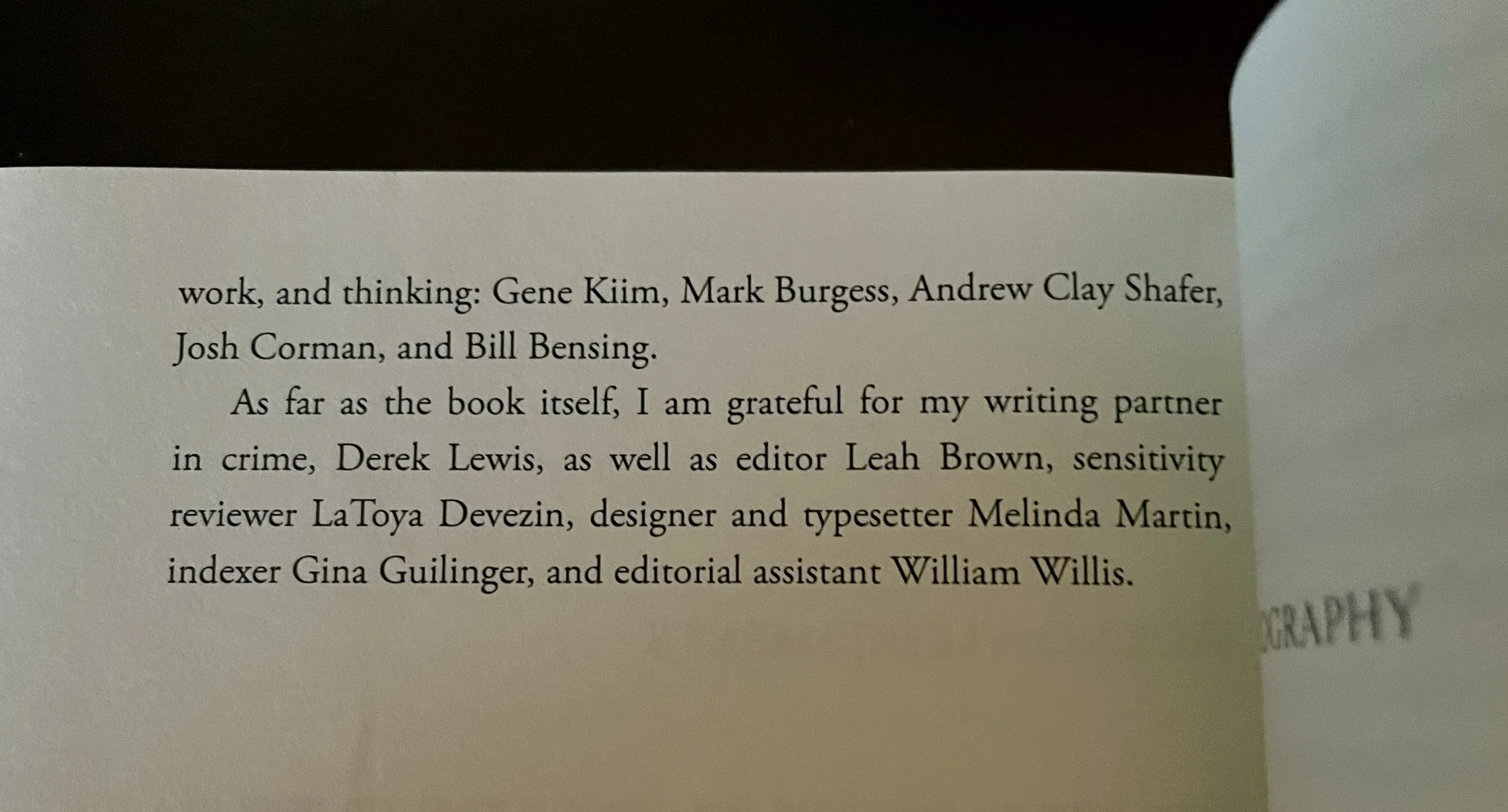 Page of a book with acknowledgments, listing people who contributed to the work, including Gene Kiim, Mark Burgess, Andrew Clay Shafer, Josh Corman, and Bill Bensing. It also mentions Derek Lewis, Leah Brown, Melinda Martin, Gina Guilinger, and William Willis.