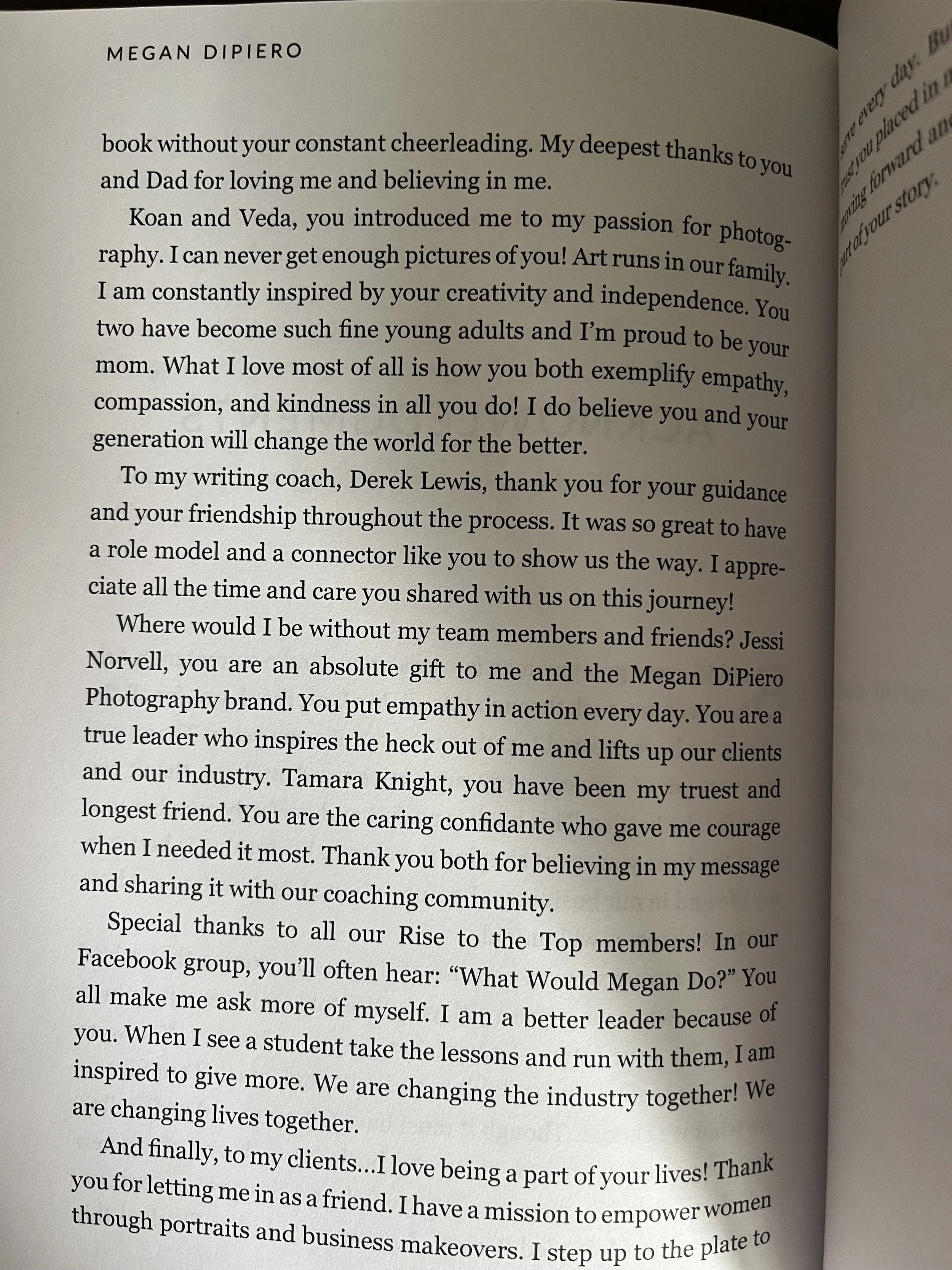 A page from a book containing a heartfelt message of gratitude and appreciation from Megan DiPiero, addressing friends, family, coaches, and community members involved in her photography and coaching journey.