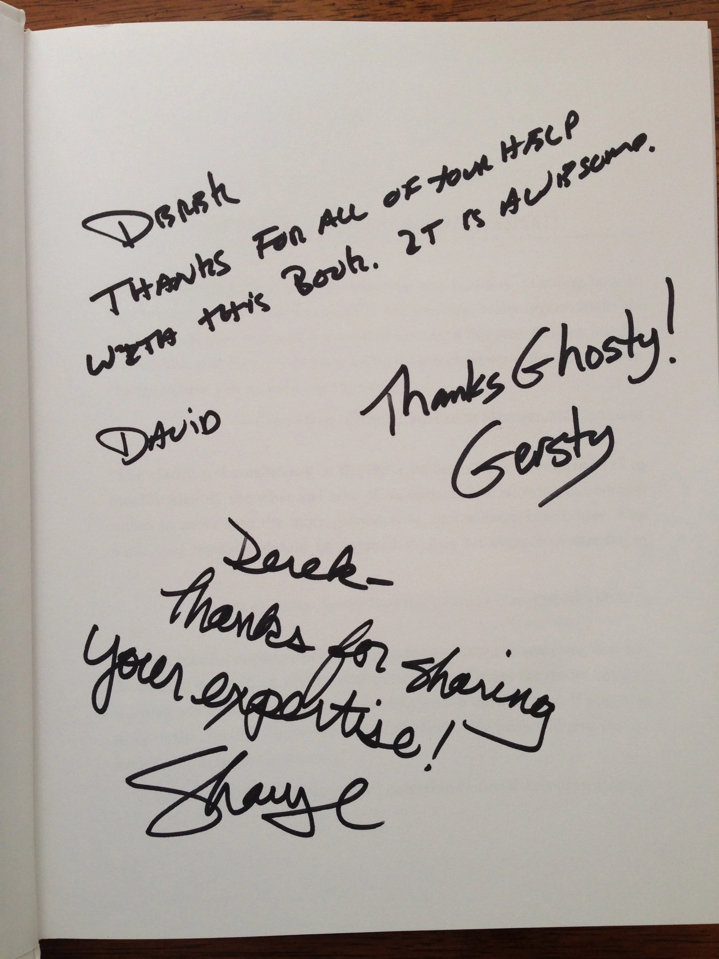 A handwritten thank you note signed by three different people, thanking someone for sharing and wishing them well.