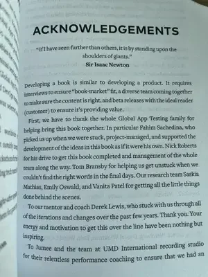 Page from a book showing acknowledgements section, including quotes and thanks to team members and mentors.