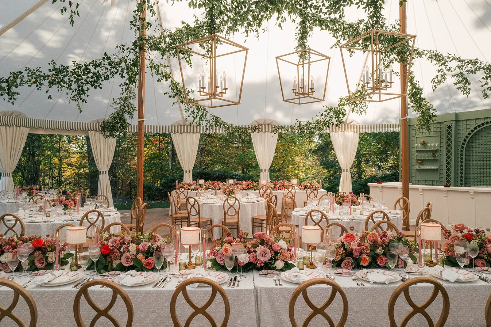 Tent installation with custom draping and luxury design elements created by Rebecca Rose Events in New England