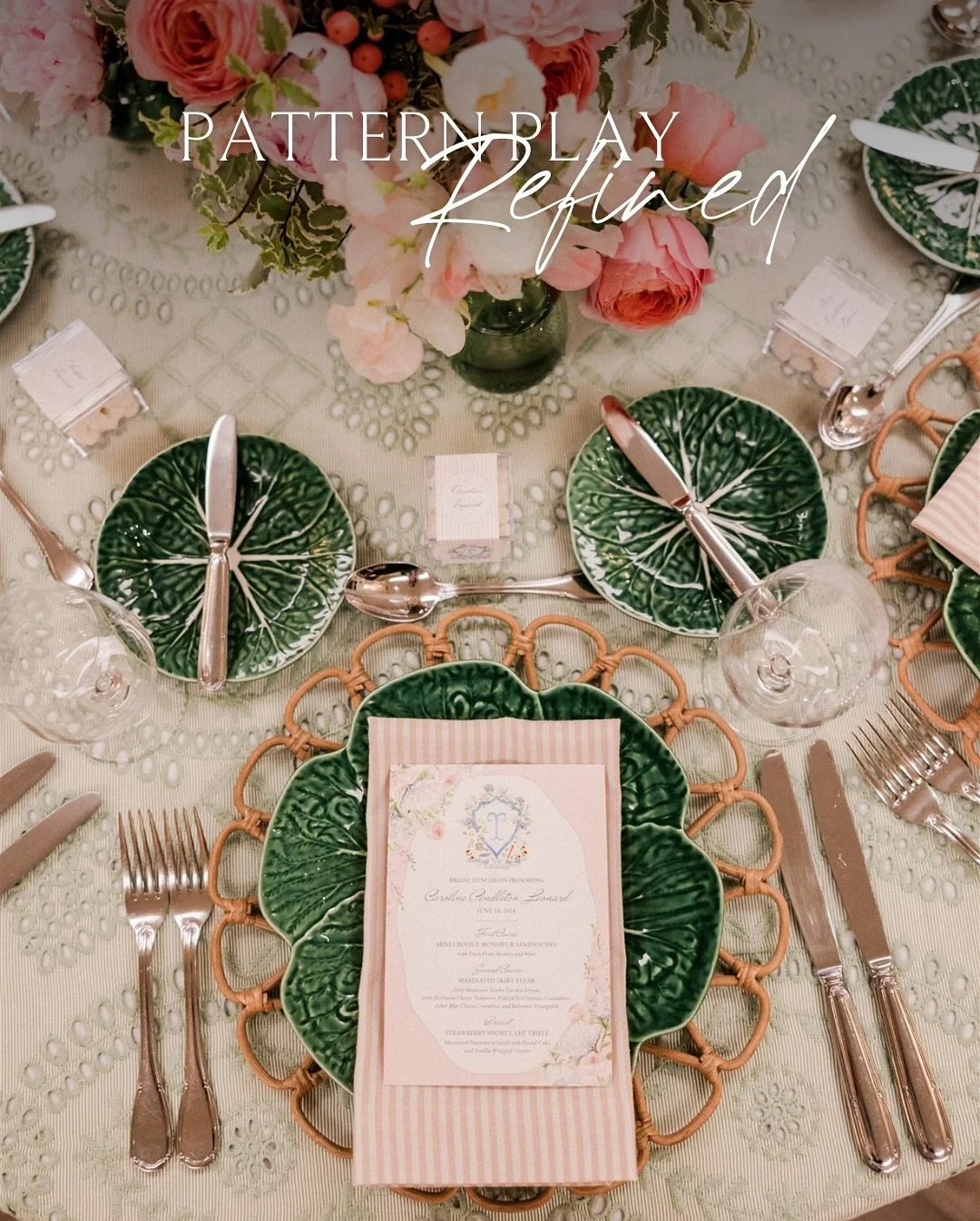 Layered patterns, classic textures, and a touch of whimsy&mdash;this tablescape strikes a balance between traditional southern touches and fresh sophistication. 

Planning, Design &amp; Production: Rebecca Rose Events
Photography: @valoriedarling 
Ci