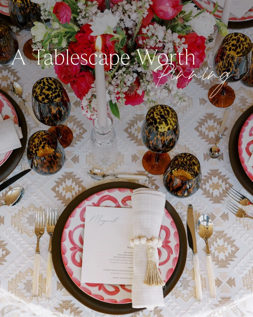 A tablescape worth pinning: tortoise glasses, bold patterned plates, and florals in full color. Every layer designed to inspire.

Styling, Planning &amp; Design: @rroseevents
Linens &amp; Furniture: @nuagedesignsinc
Photography: @shaunaandjordon
Venu