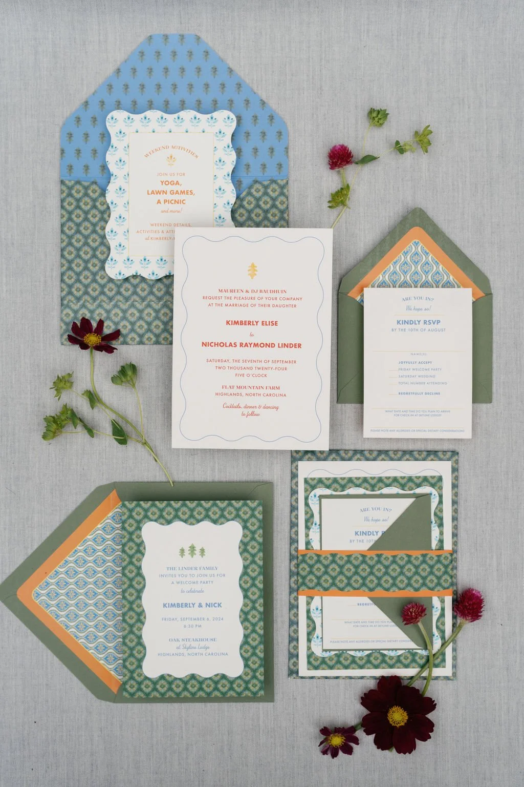  Custom patterns and prints for a colorful invitation suite designed by Rebecca Rose Events 