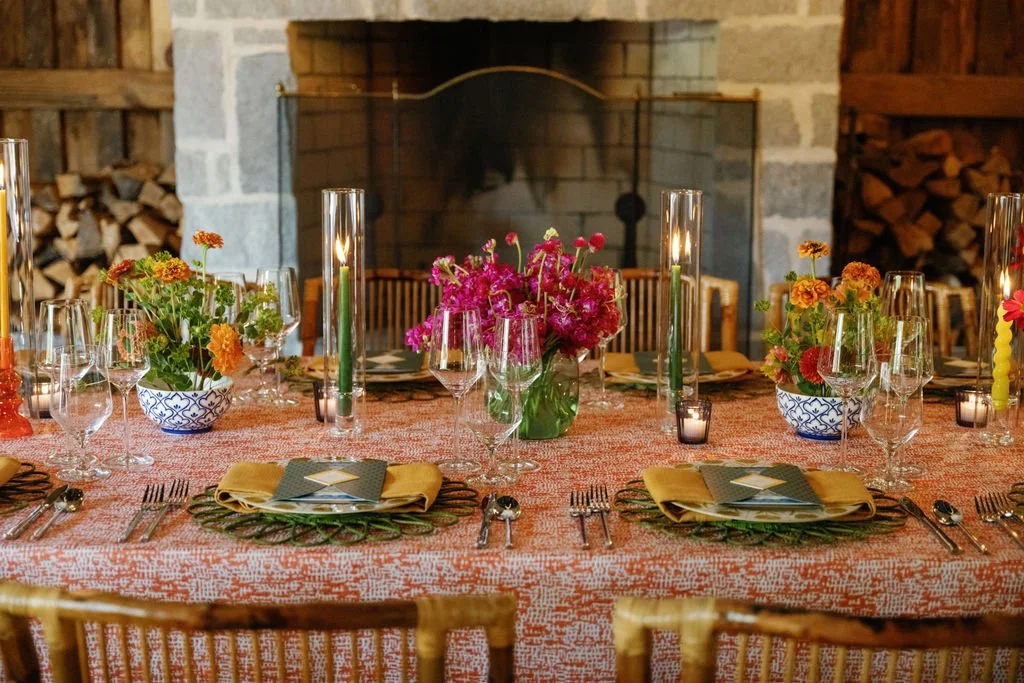Colorful wedding reception design at Flat Mountain Farm barn Highlands NC