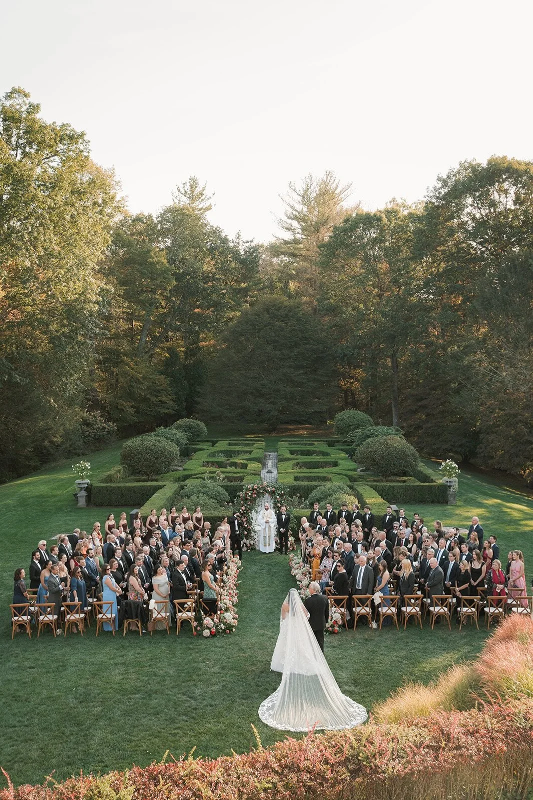 Wedding ceremony setup on the grounds of Mayflower Inn Washington Connecticut