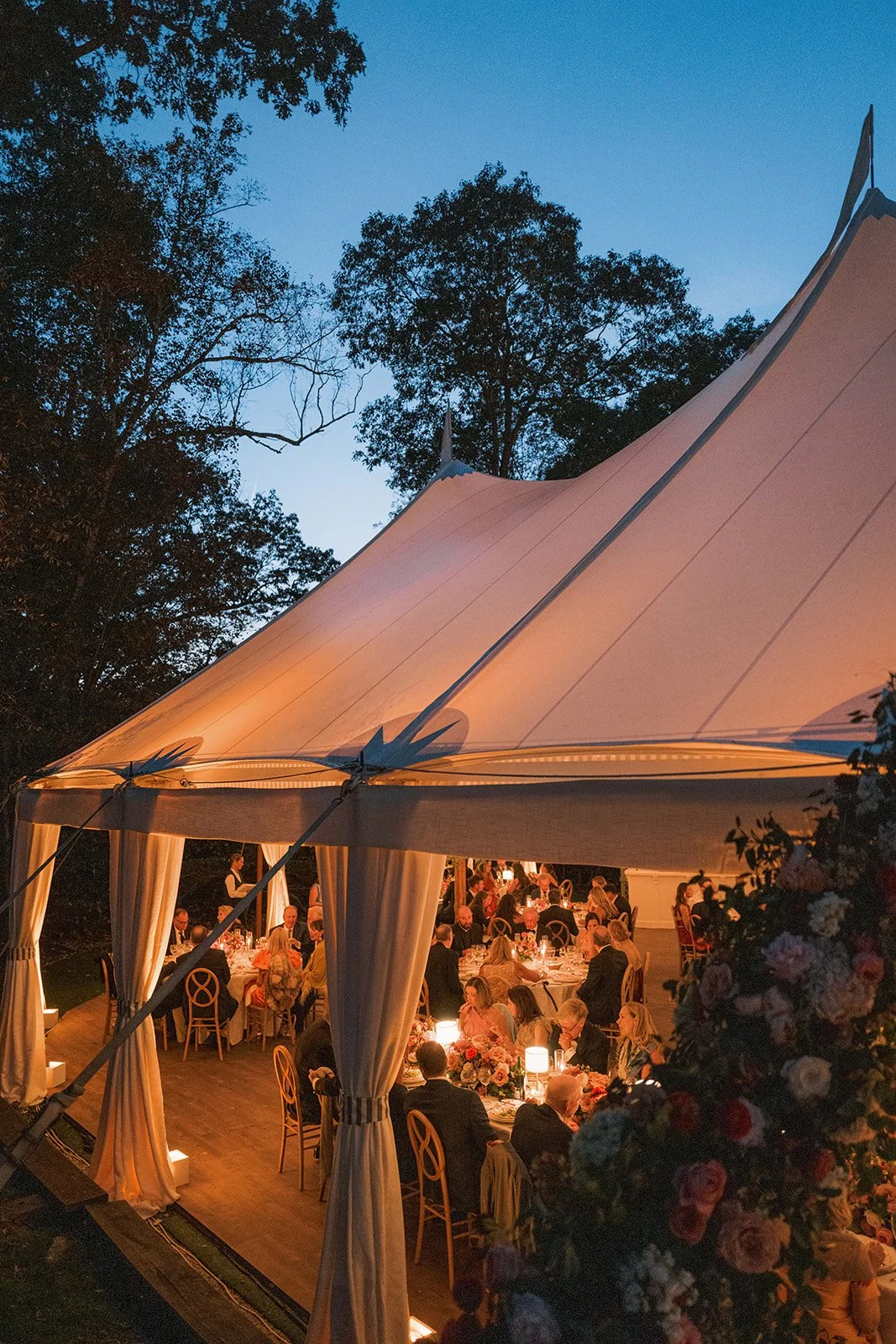 Luxury destination wedding reception in sailcloth tent at Mayflower Inn Connecticut