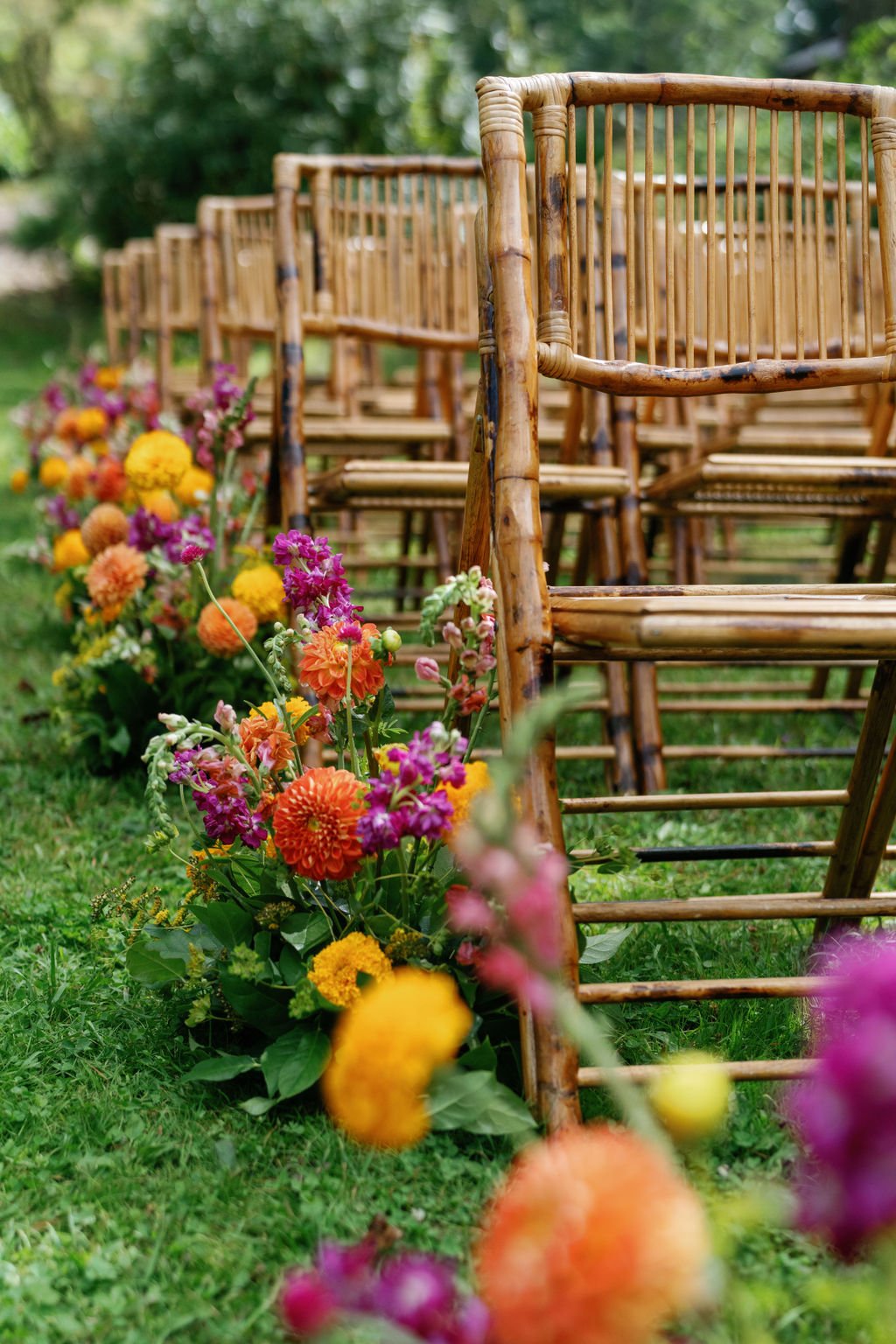 wedding ceremony aisle flowers with dahlias in Highlands