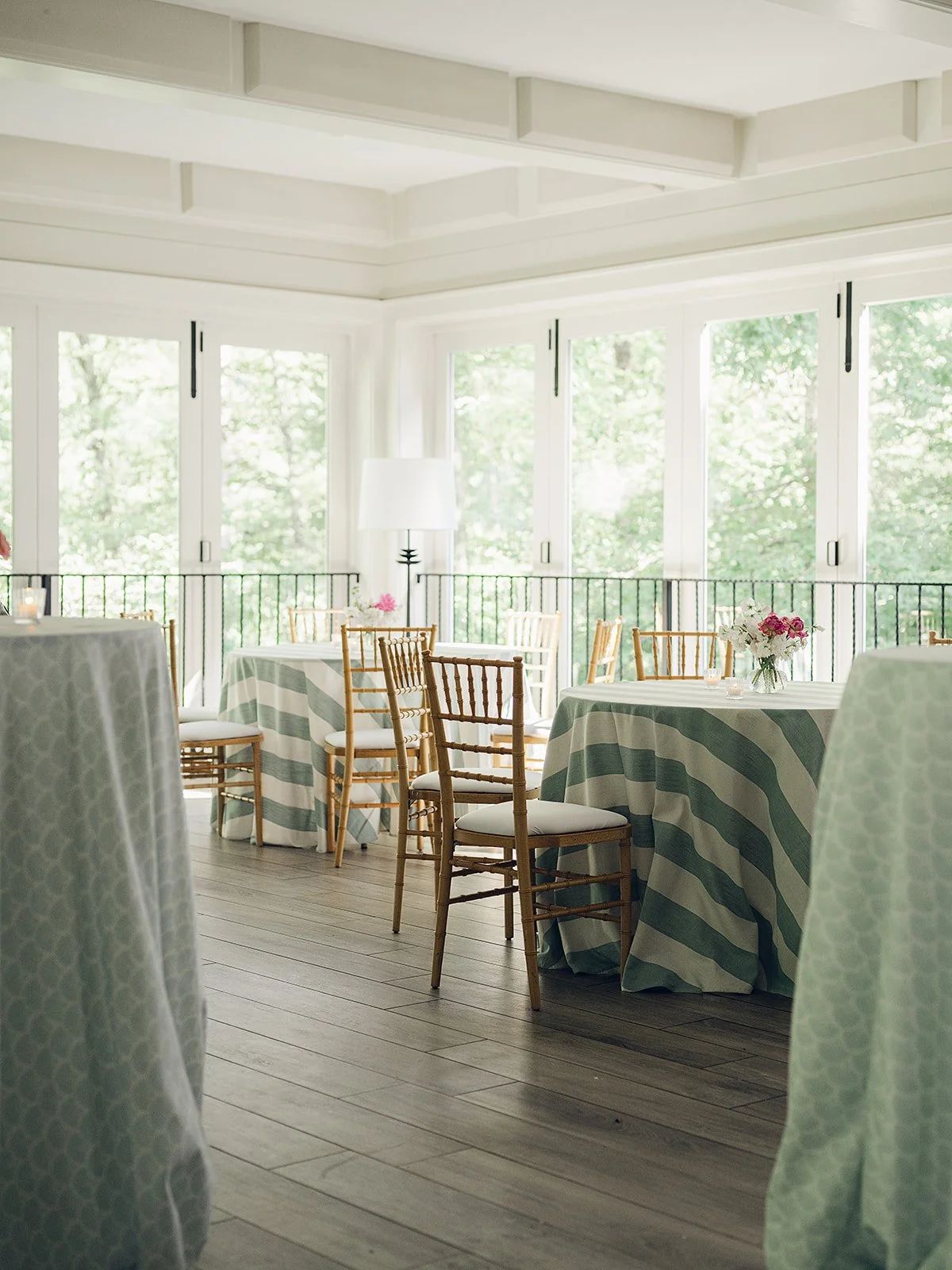 the garden terrace room at half-mile farm set for a welcome party