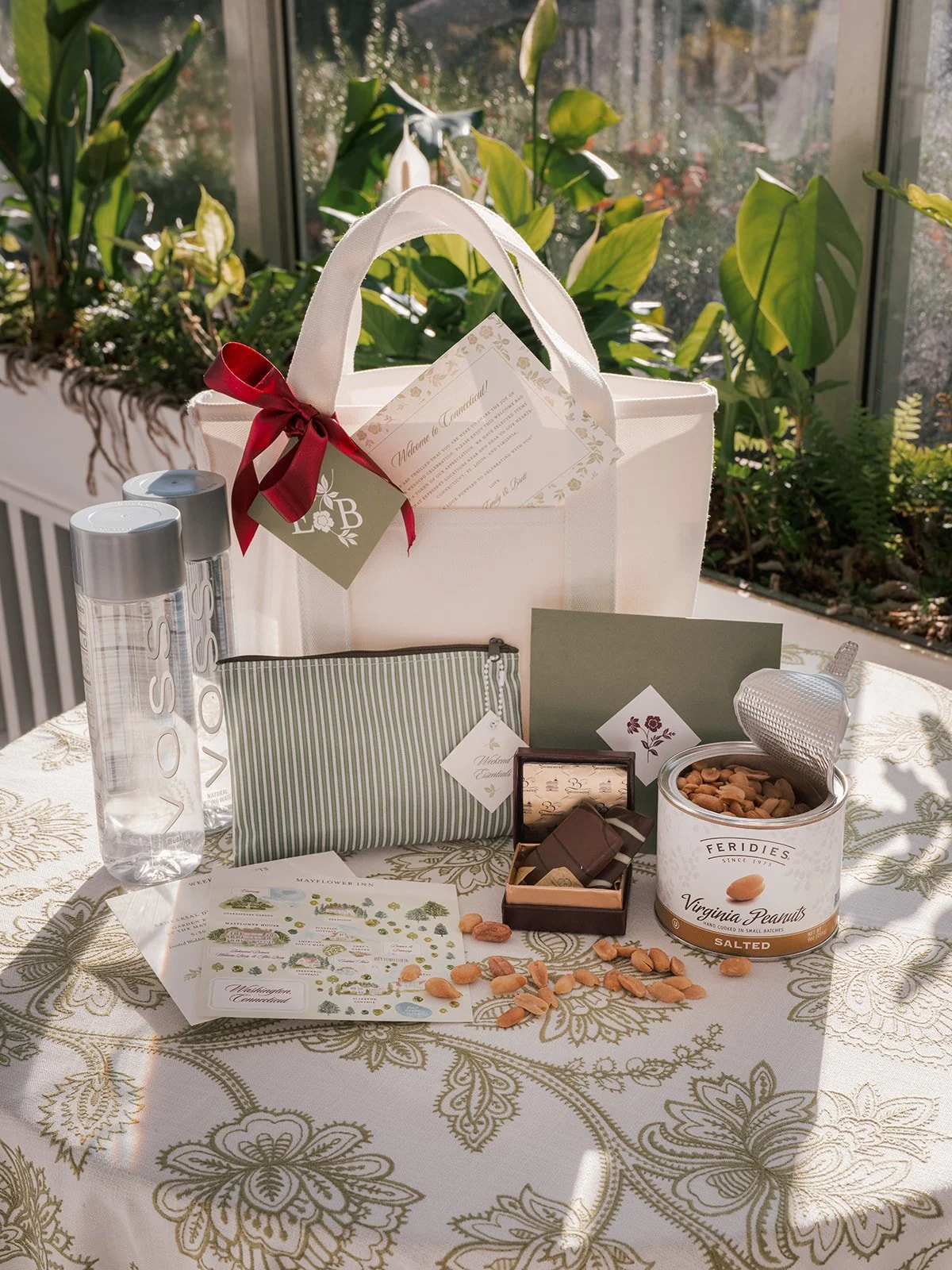 Custom wedding welcome gift bag for guests at Mayflower Inn wedding weekend in Connecticut