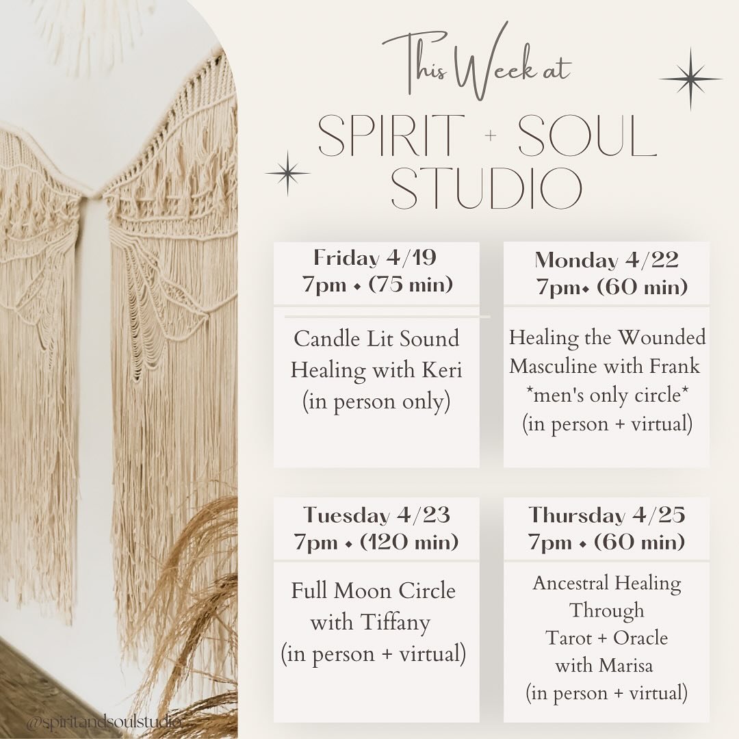 Check out this week&rsquo;s class schedule!💫

🕯️Join Keri @lavannuccivoce TONIGHT to experience zen, bliss and beyond during this sonic wave journey with the ancient sounds of sound bowls, tuning forks, bells, chimes and gongs.
4/19 @ 7pm

💆&zwj;♂