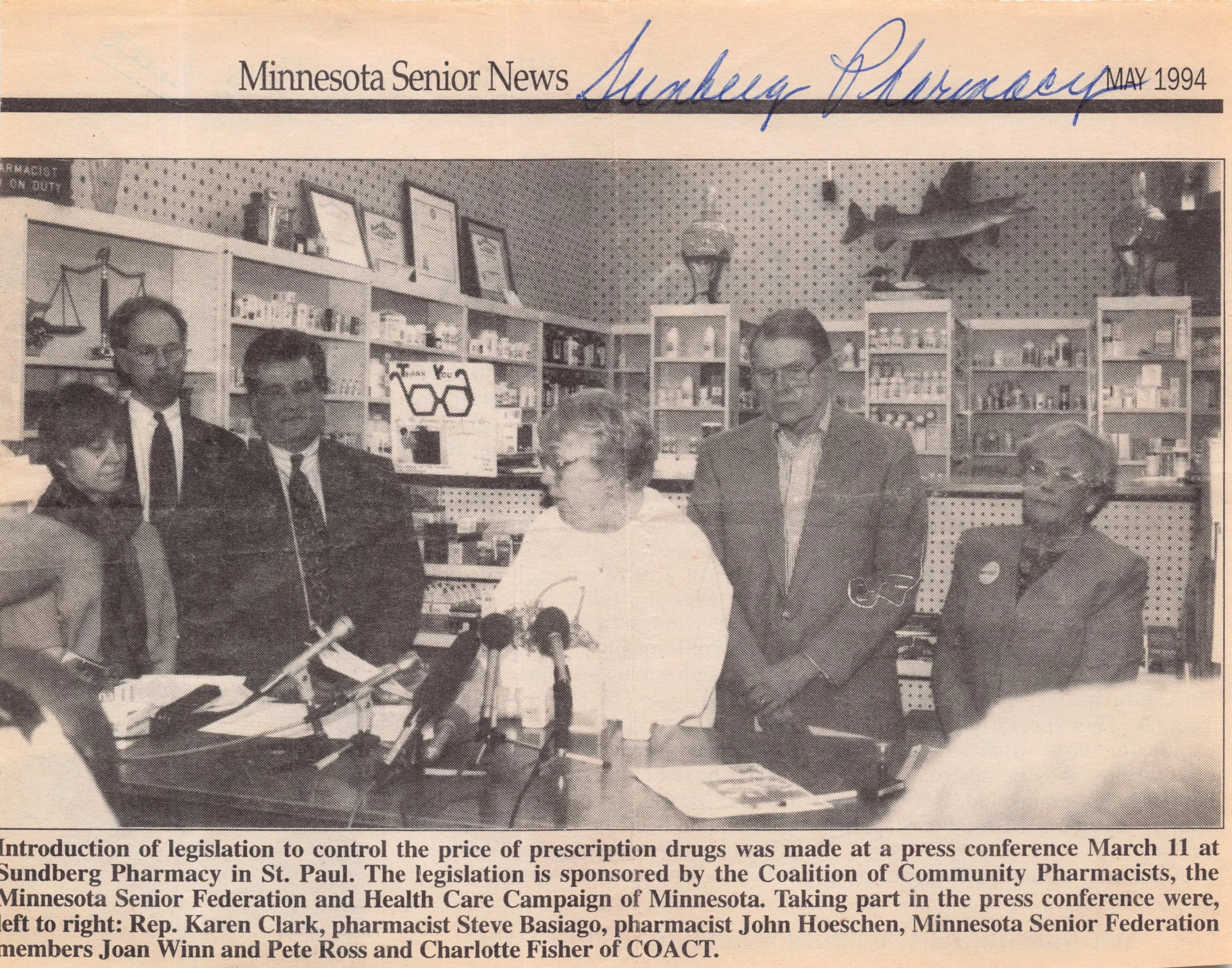 A newspaper clipping from May 1994 depicts a press conference introducing legislation to control the price of prescription drugs