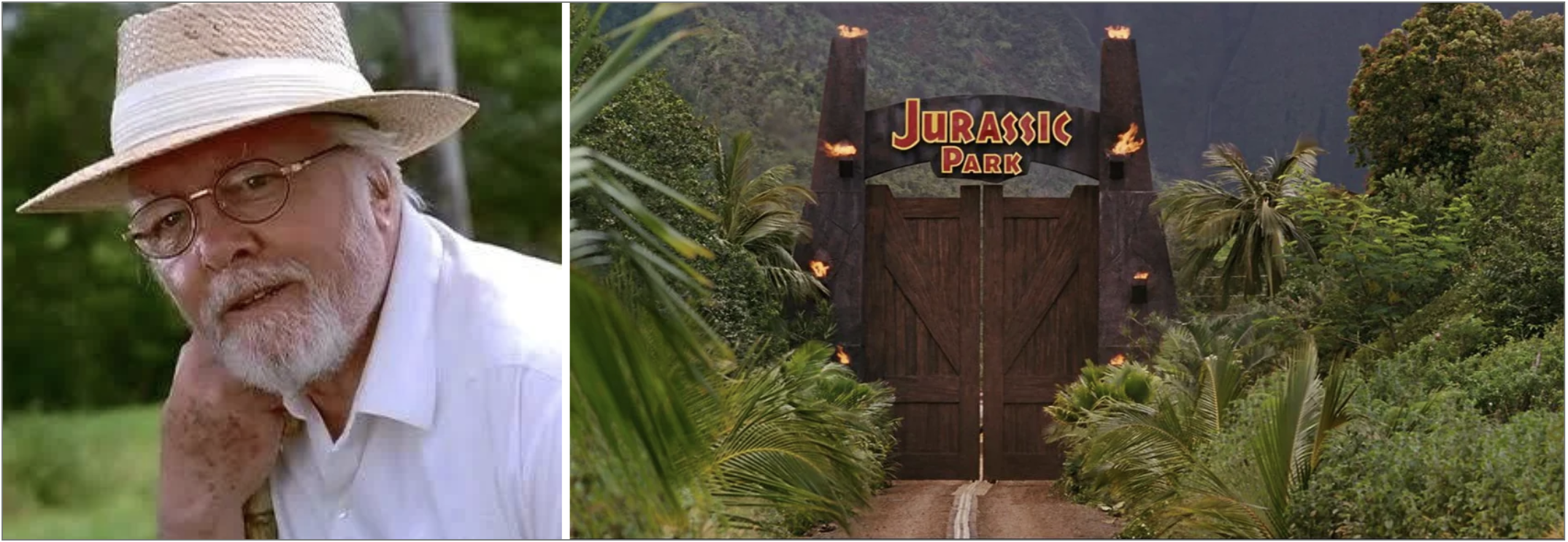 John Hammond (left), gate to Jurassic Park (right)