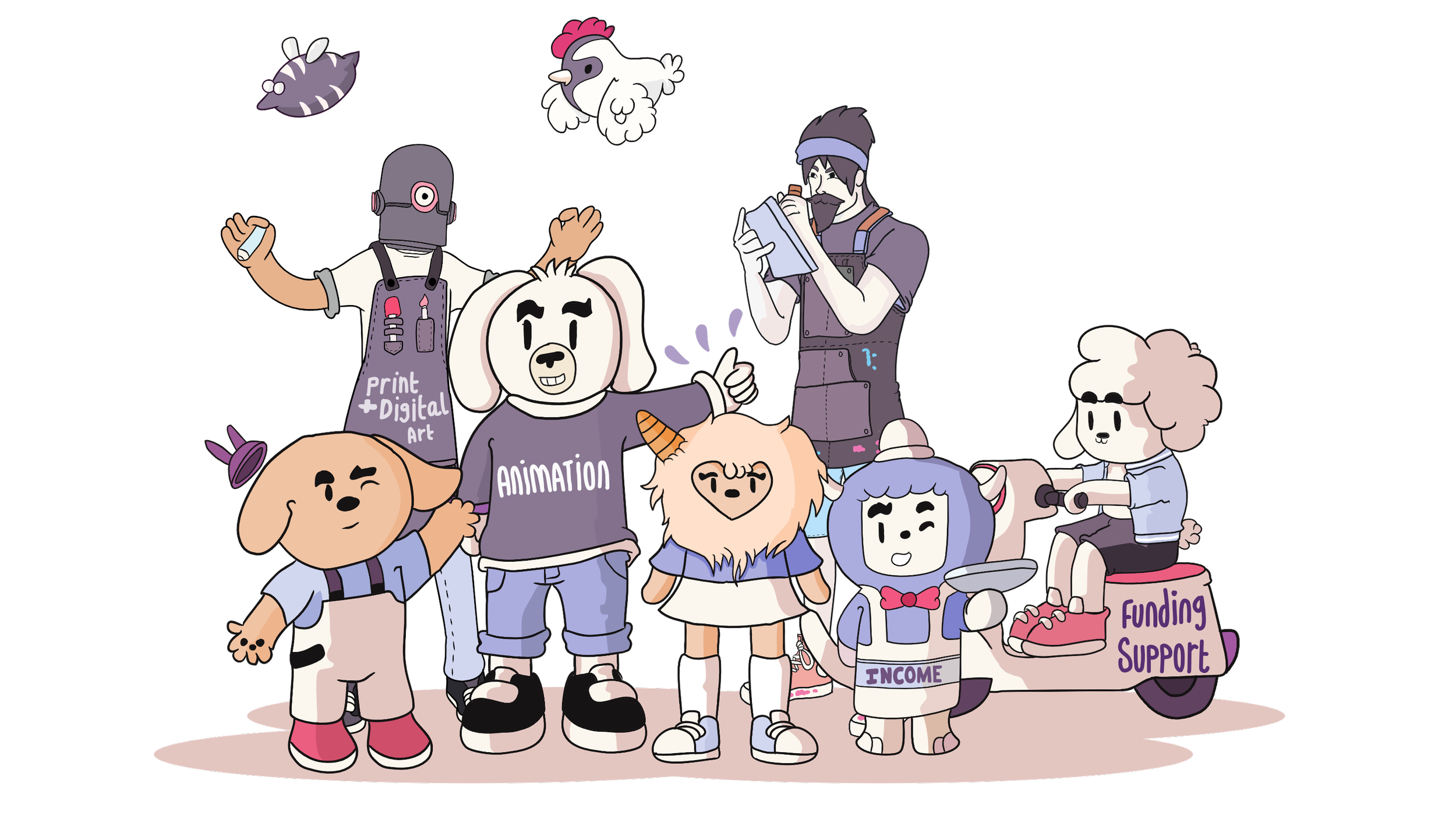 Illustration of a diverse group of cartoon artists and creatives, including characters representing animation, print and digital art, income, funding, and creative support.