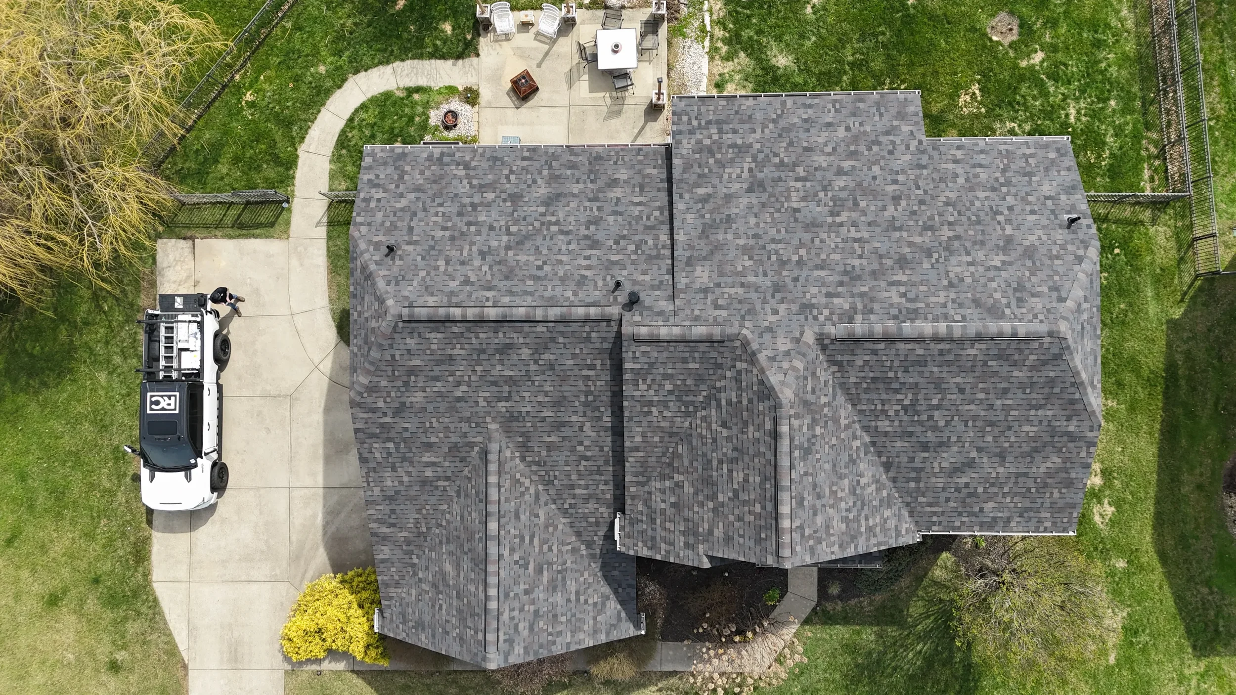 An aerial view of a home after Riegler Contracting installed a new roof.