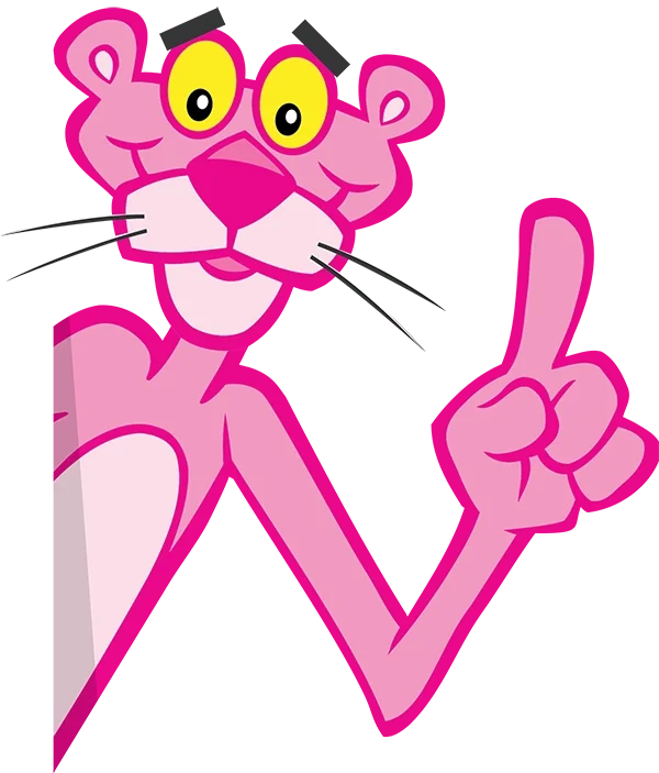 The Owens Corning Pink Panther mascot holding up one finger.