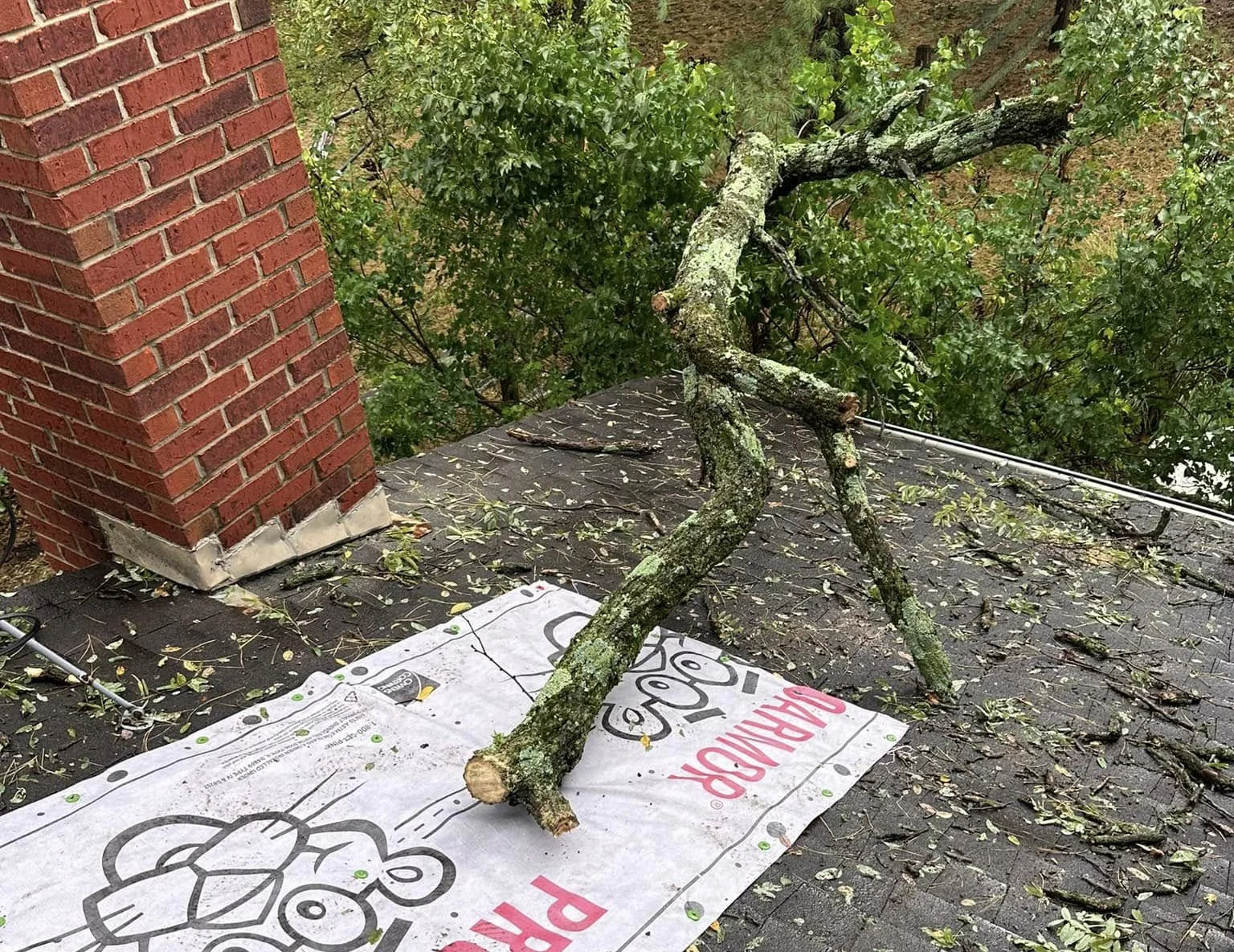 A photo of an emergency roof repair done by Riegler Contracting in the Greater Cincinnati, Ohio area after a tree limb fell on a customer's roof.
