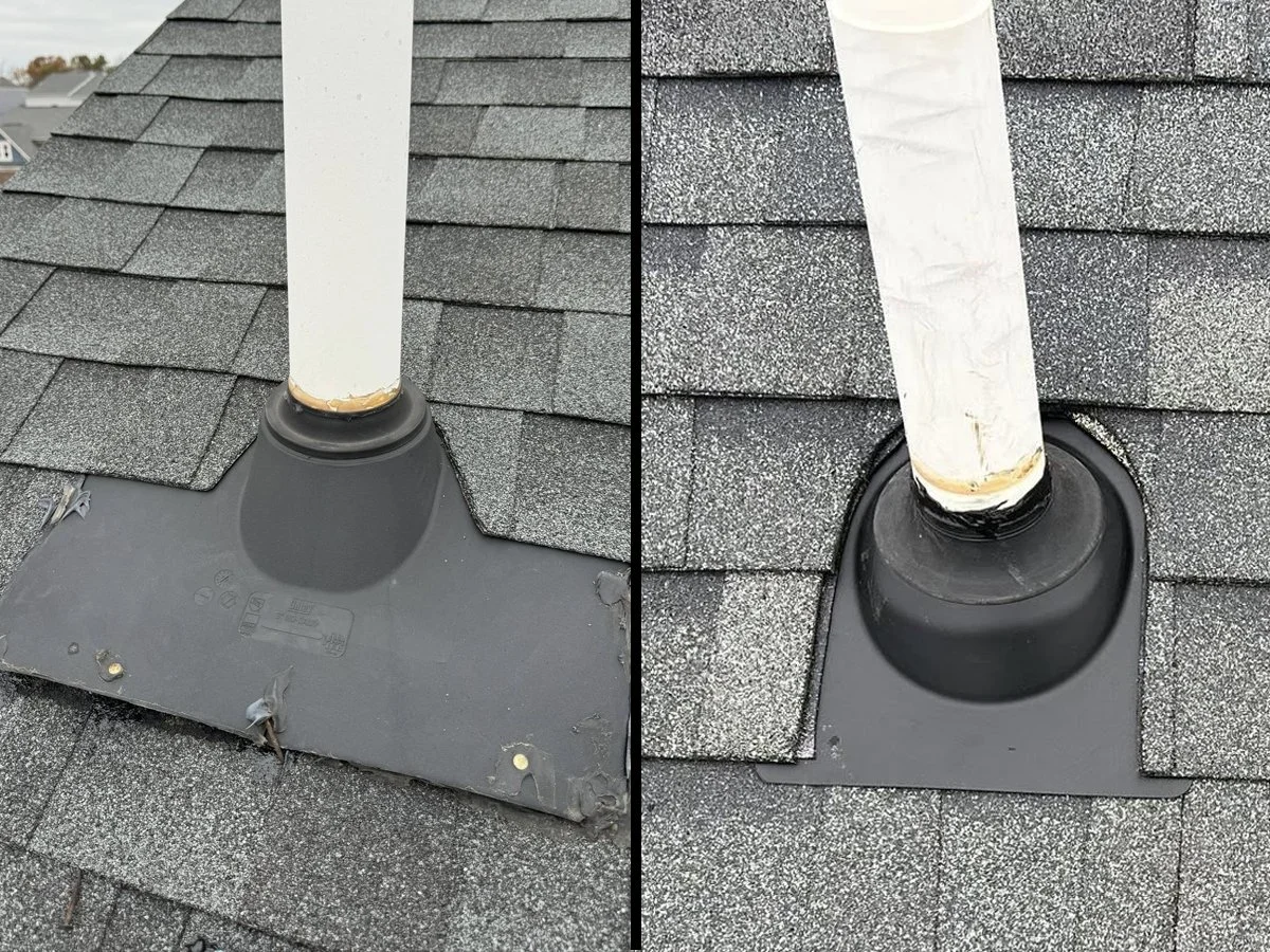 A before and after comparison of a roof pipe vent and shingle repair completed by Riegler Contracting in Northern Kentucky.