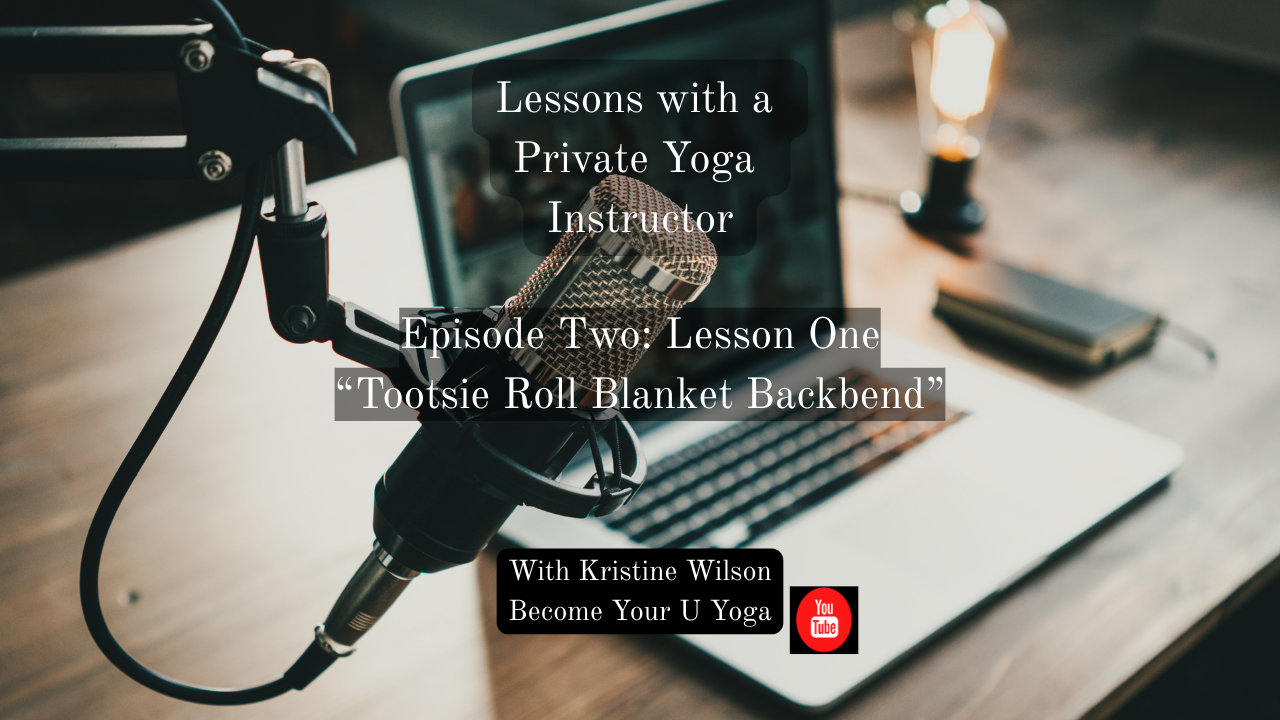 A podcast setup with a microphone on a stand in front of a laptop, with headphones, a notebook, and a light bulb on a wooden desk, promoting a yoga lesson series.