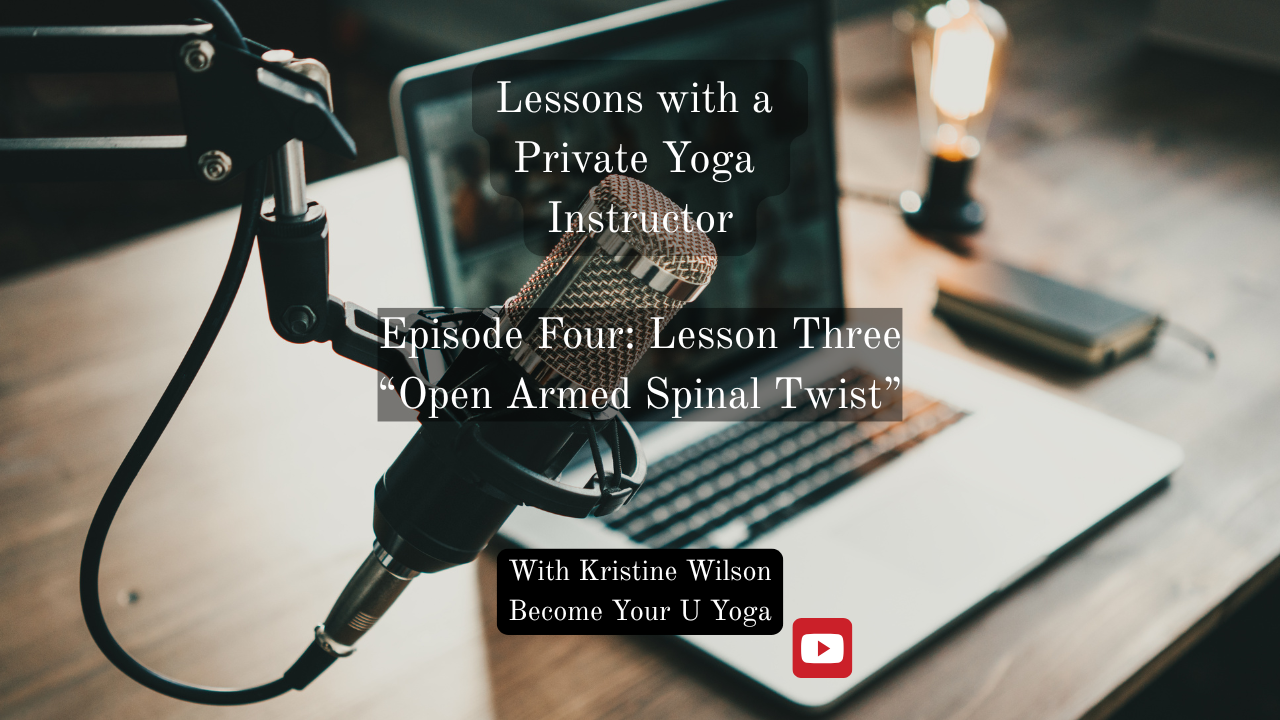 A podcast recording setup with a microphone on a stand, a laptop, a smartphone, and a notebook on a wooden table, with the overlay text about a yoga lesson episode.