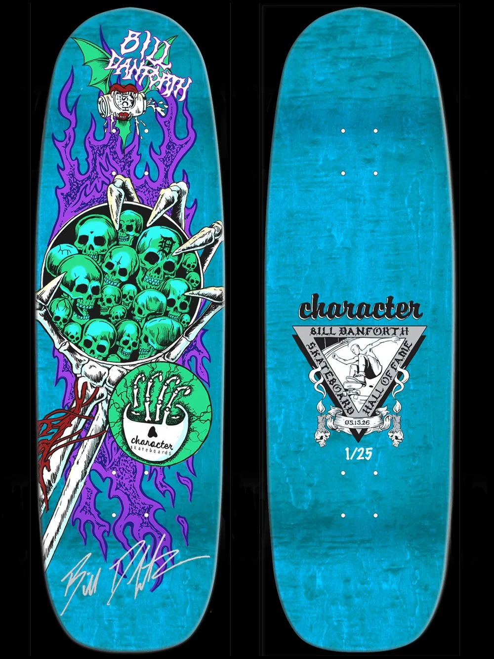 CHARACTER X BILL DANFORTH SHOF SIGNED BLUE STAIN SKATEBOARD DECK