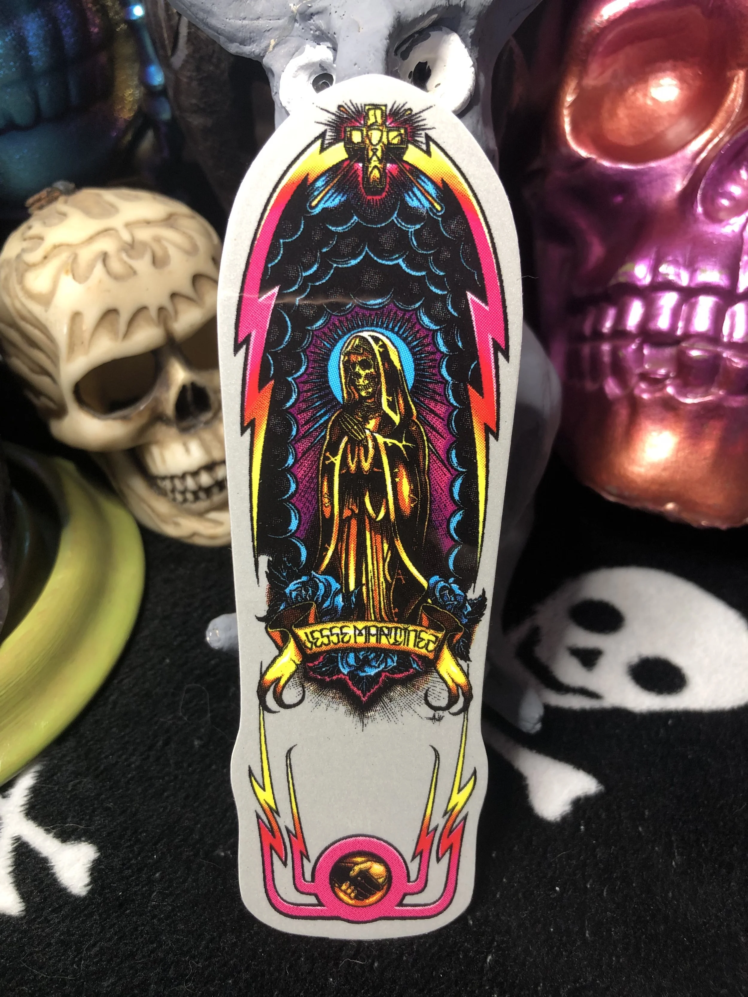 DOGTOWN SKATEBOARDS~ JESSE MARTINEZ "GUADALUPE HANDSHAKE" WHITE VINYL 5" STICKER