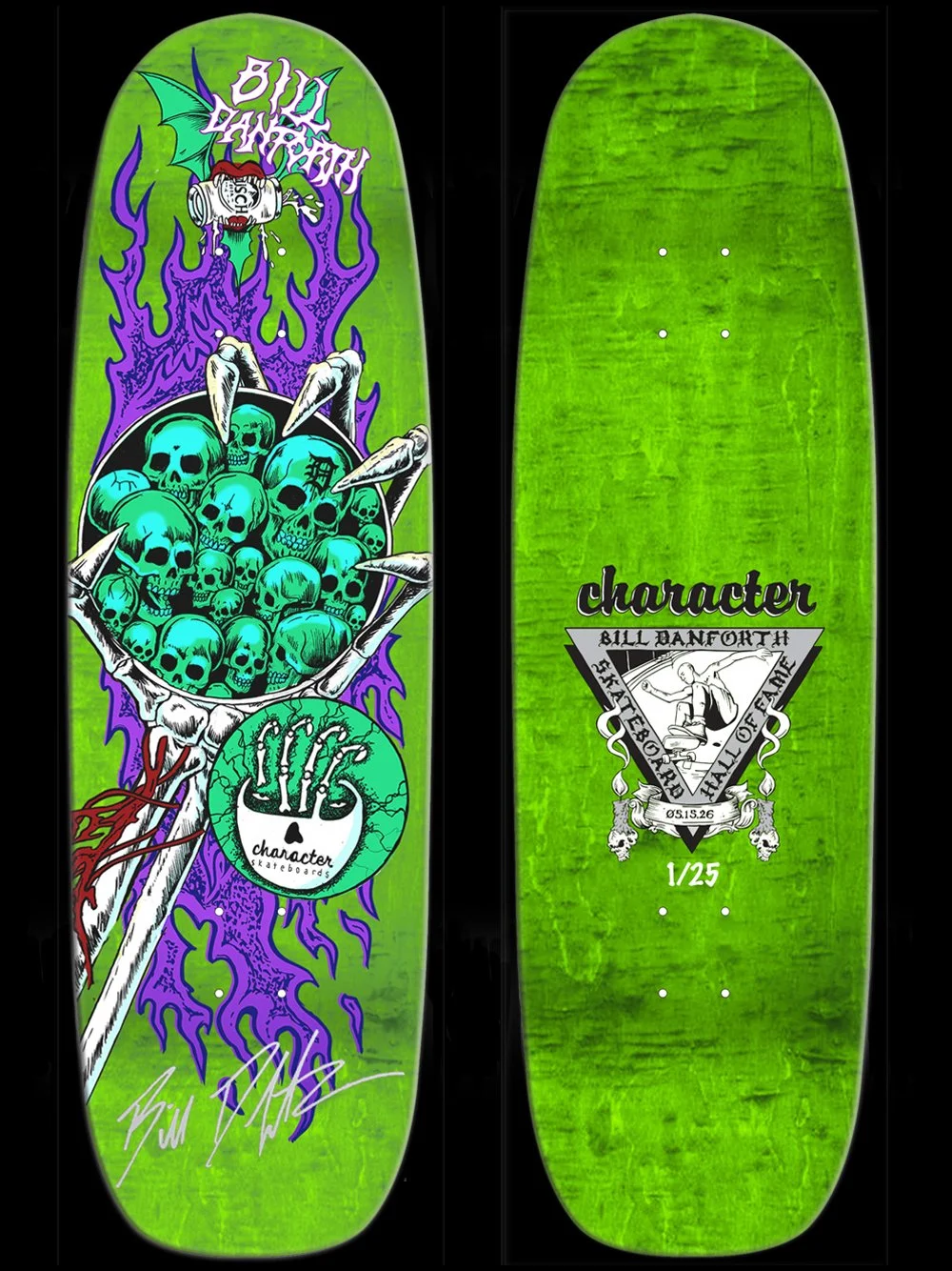 CHARACTER X BILL DANFORTH SHOF SIGNED GREEN STAIN SKATEBOARD DECK