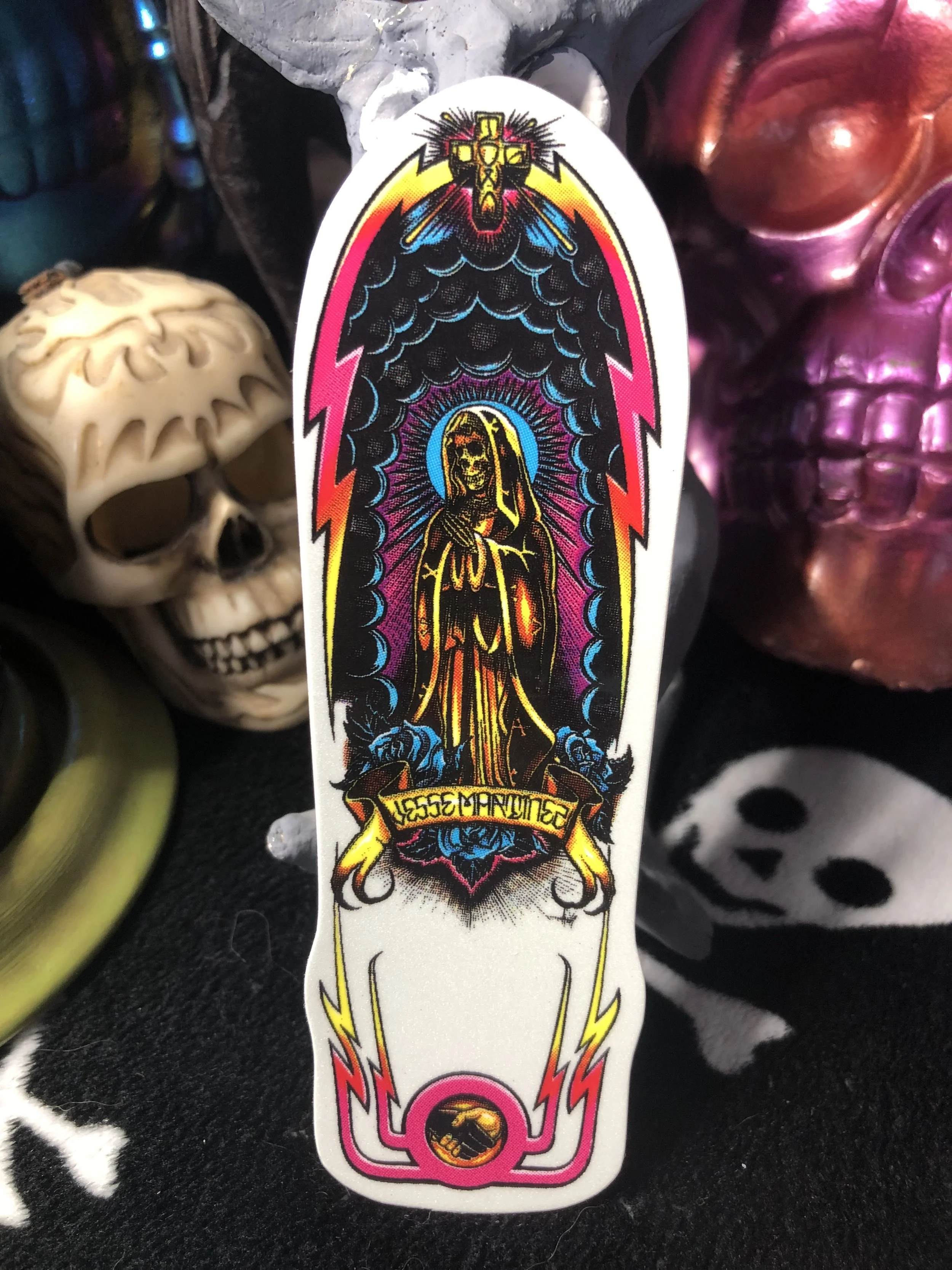 DOGTOWN SKATEBOARDS~ JESSE MARTINEZ "GUADALUPE HANDSHAKE" WHITE VINYL 5" STICKER