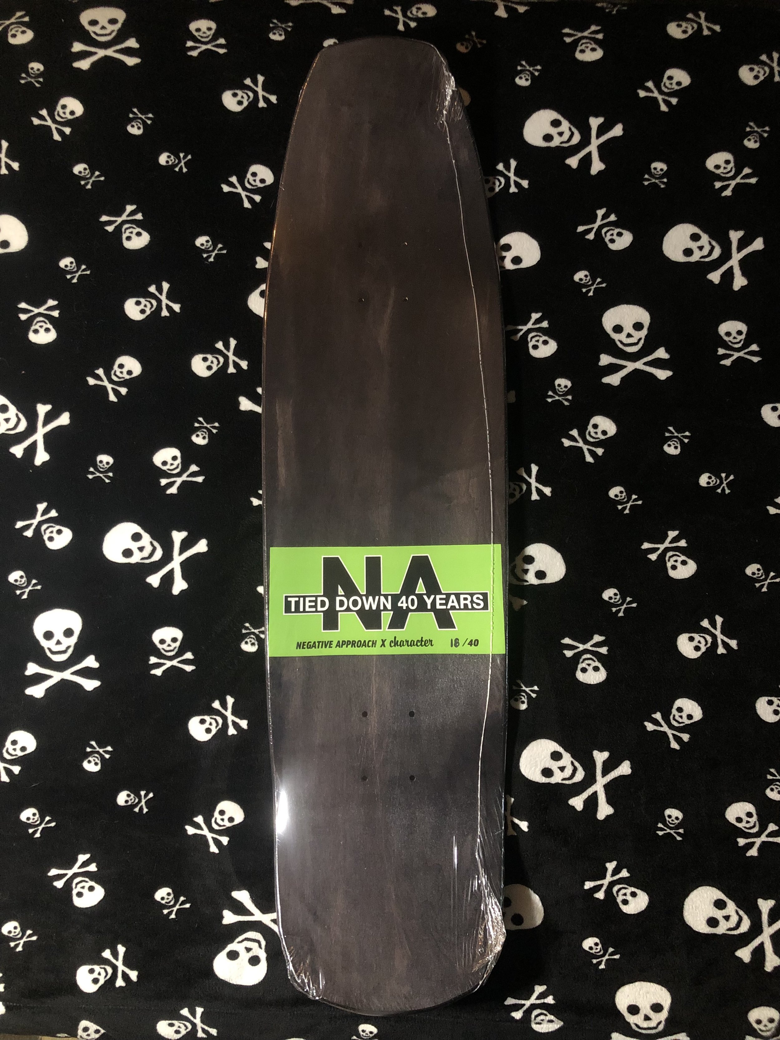 NEGATIVE APPROACH X CHARACTER "TIED DOWN 40 YEARS" COFFIN FLYER SKATEBOARD DECK