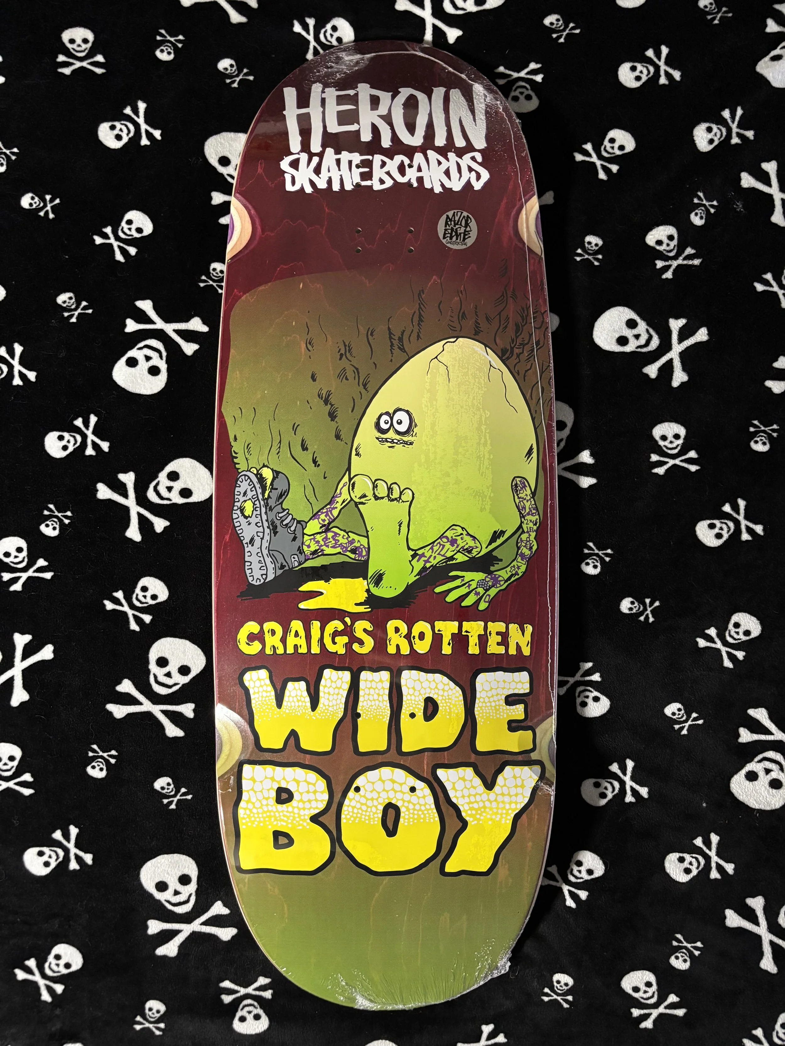 HEROIN~ CRAIG QUESTIONS ROTTEN WIDE BOY RED  SKATEBOARD DECK