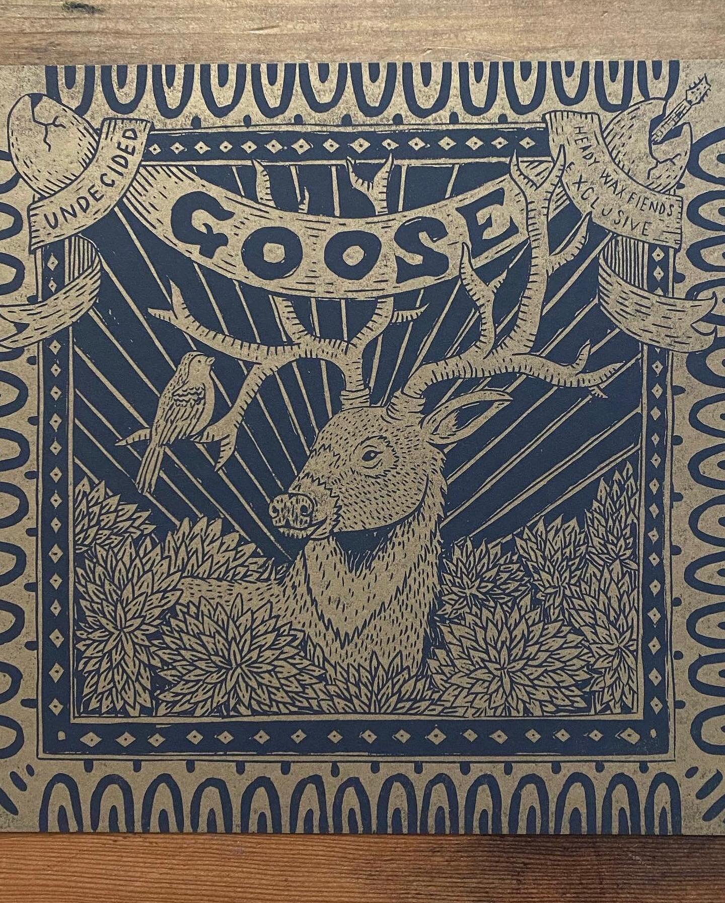 Listed a few of the artist copies of the Goose, Undecided woodcut print. 1,000 of these were made and sold with the Heady Wax Fiend release. I believe they&rsquo;re all gone. I have 15 copies available here. Printed in metallic gold on black from a h