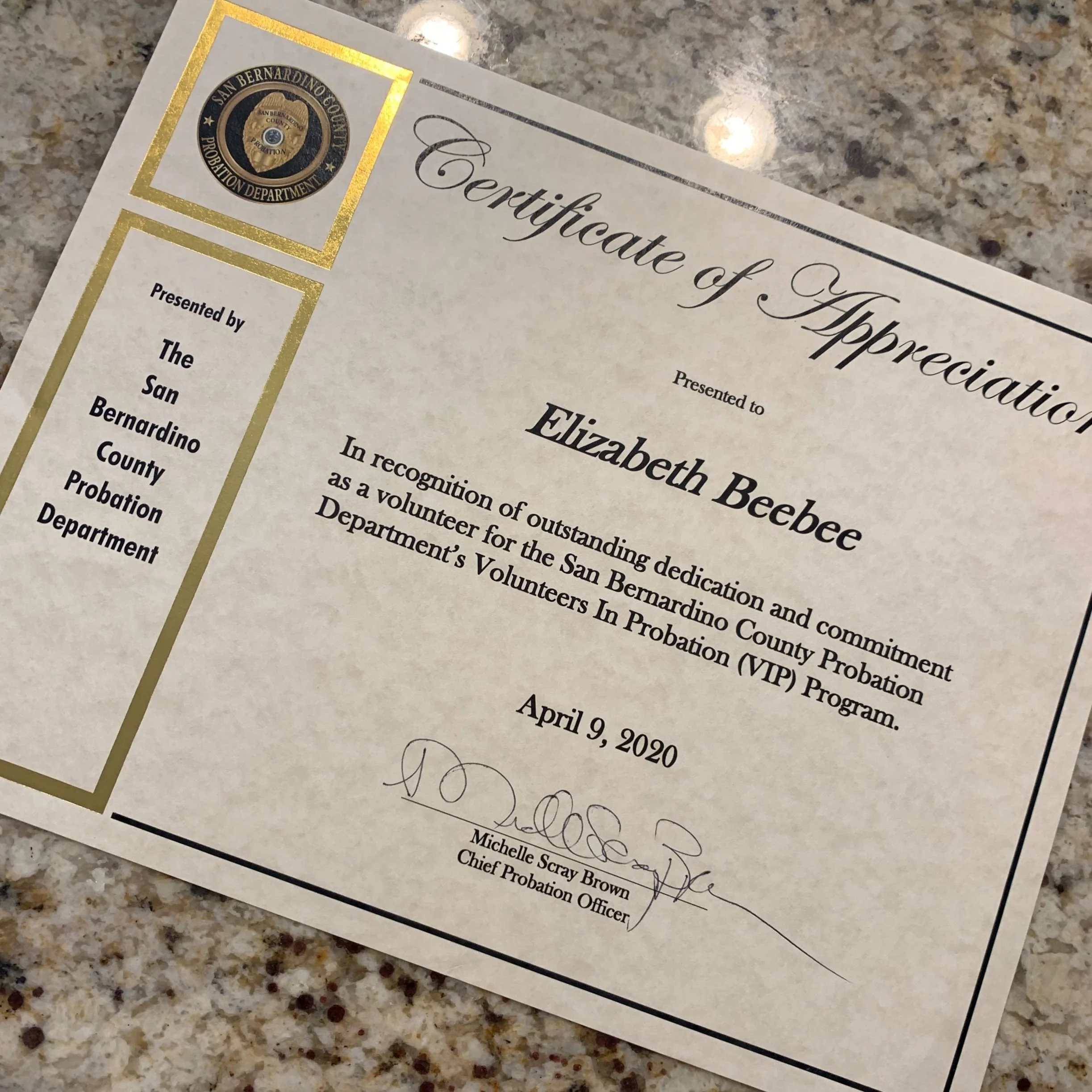 Certificate of Appreciation awarded to Elizabeth Beebee, presented by the San Bernardino County Probation Department, dated April 9, 2020.