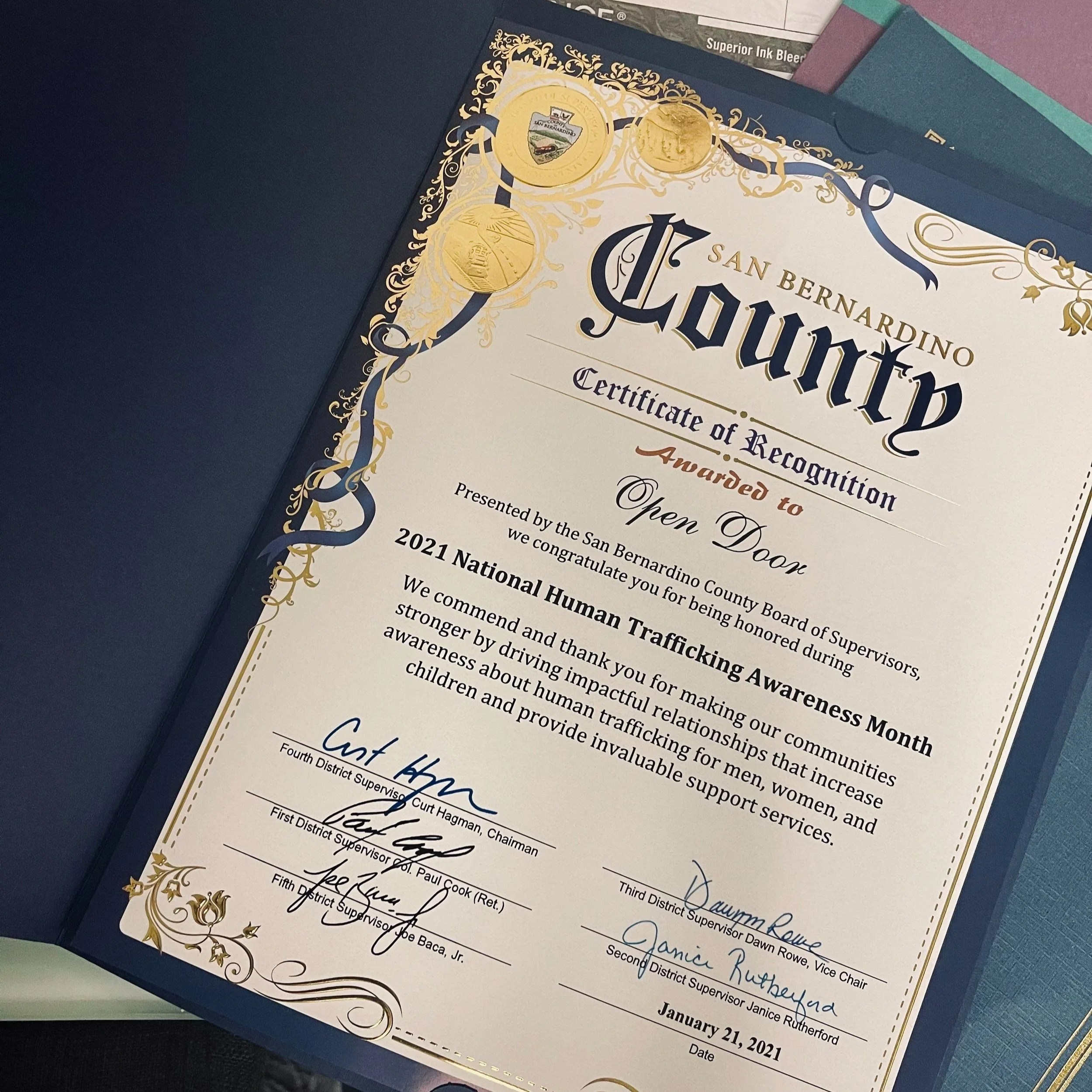 Certificate of Recognition awarded to Open Door by San Bernardino County for National Human Trafficking Awareness Month, dated January 21, 2021.