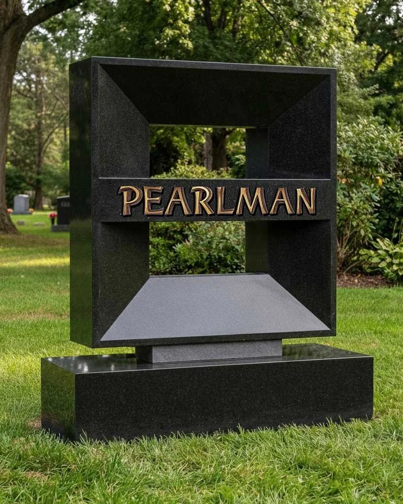 Black granite monument with the name 'PEARLMAN' engraved in gold, situated on a well-maintained grassy area in a park with trees and other gravestones in the background.