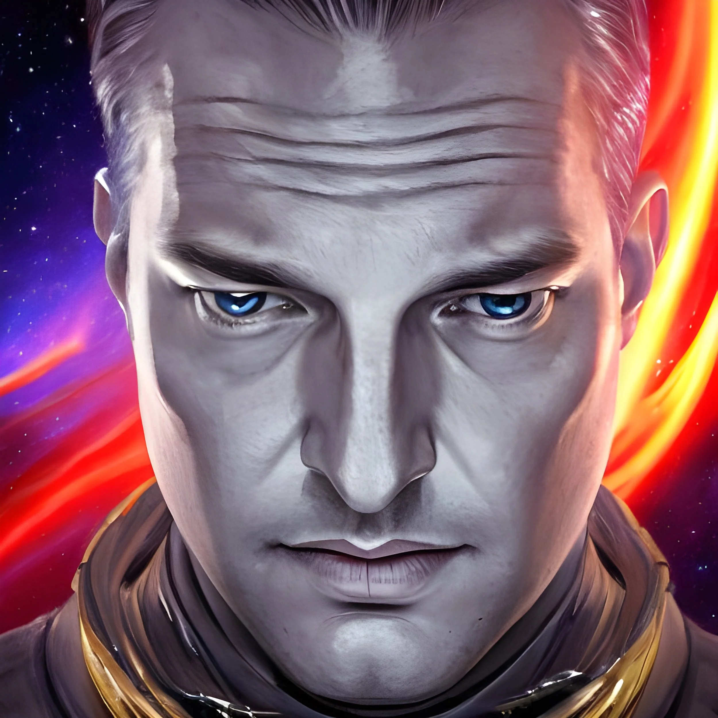 A close-up of a futuristic man with blue eyes, blonde hair, and a serious expression. The background features a space scene with colorful streaks of red, orange, and purple nebulae.