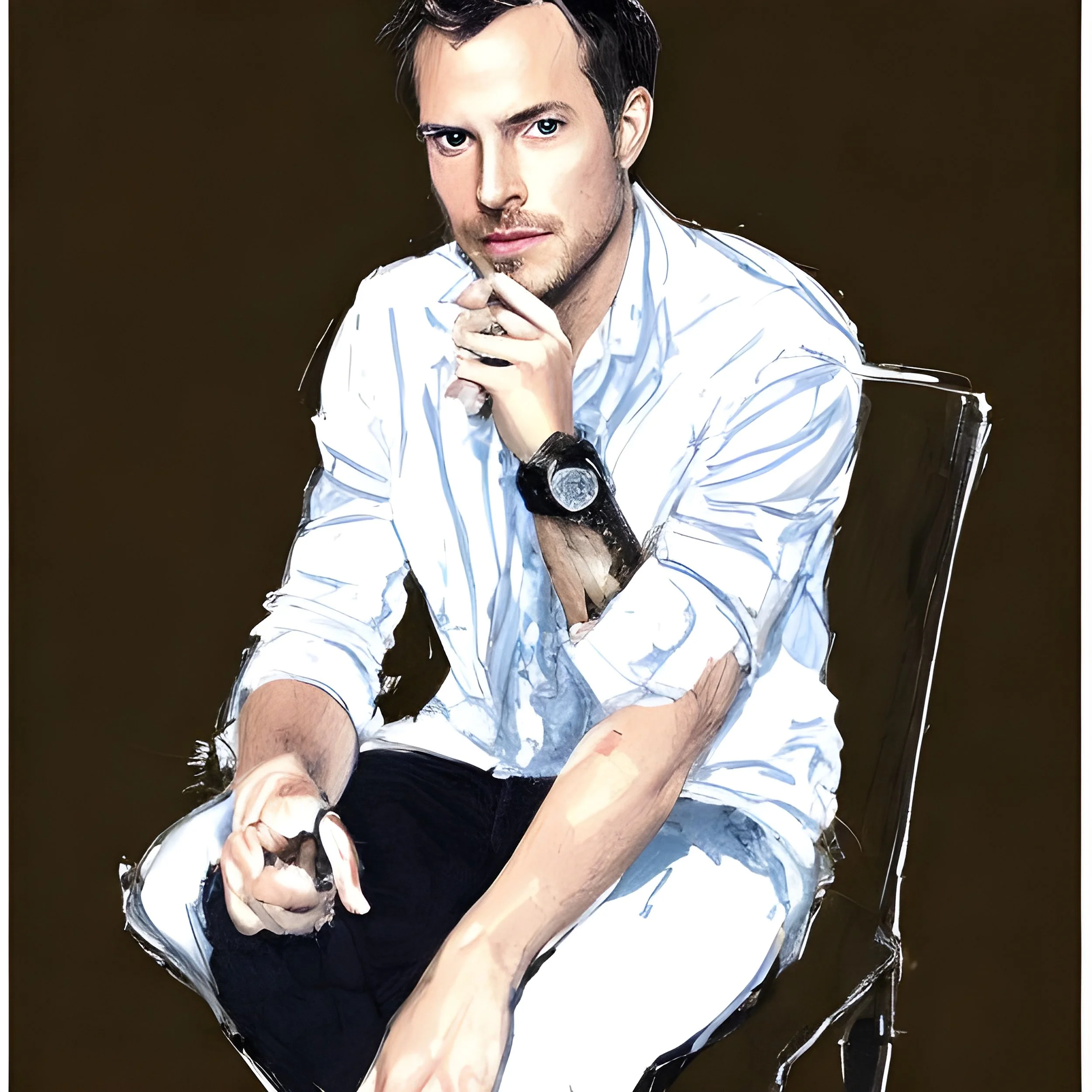 A man with dark hair and blue eyes wearing a white striped shirt, sitting on a chair against a dark background, with one hand near his chin and the other resting on his leg, wearing a watch.