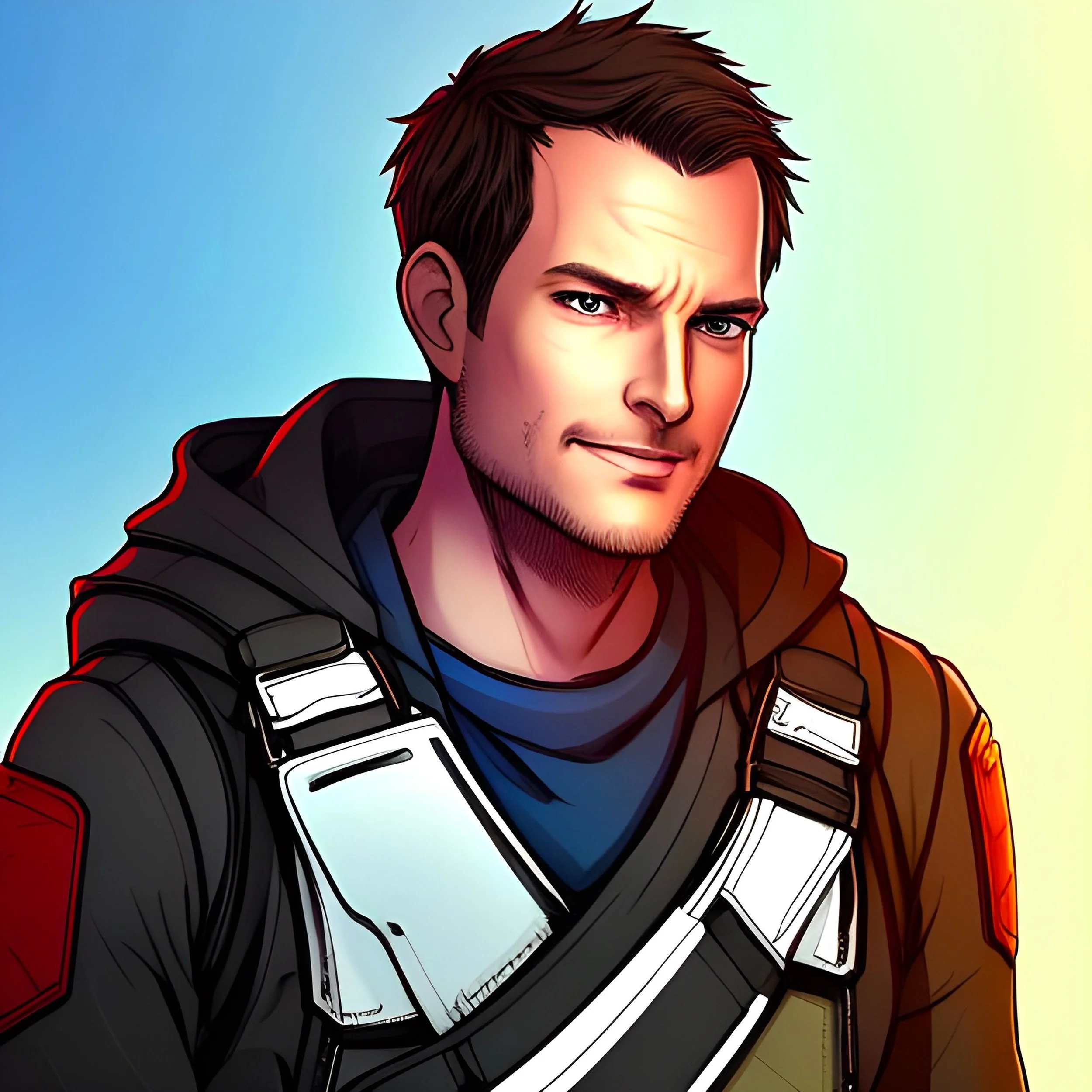 Digital illustration of a young man with short brown hair, light facial hair, and a confident expression. He is wearing a black jacket with armor-like details and a dark blue shirt underneath, set against a gradient background.