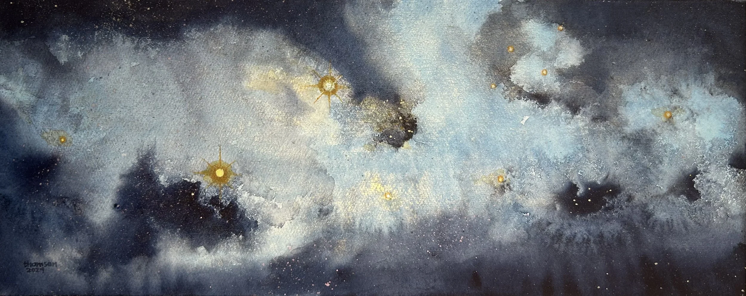 "The Stars Hold Council" - Watercolour on paper. Framed to 14" x 26". - Sold to private collection. Shipping extra.