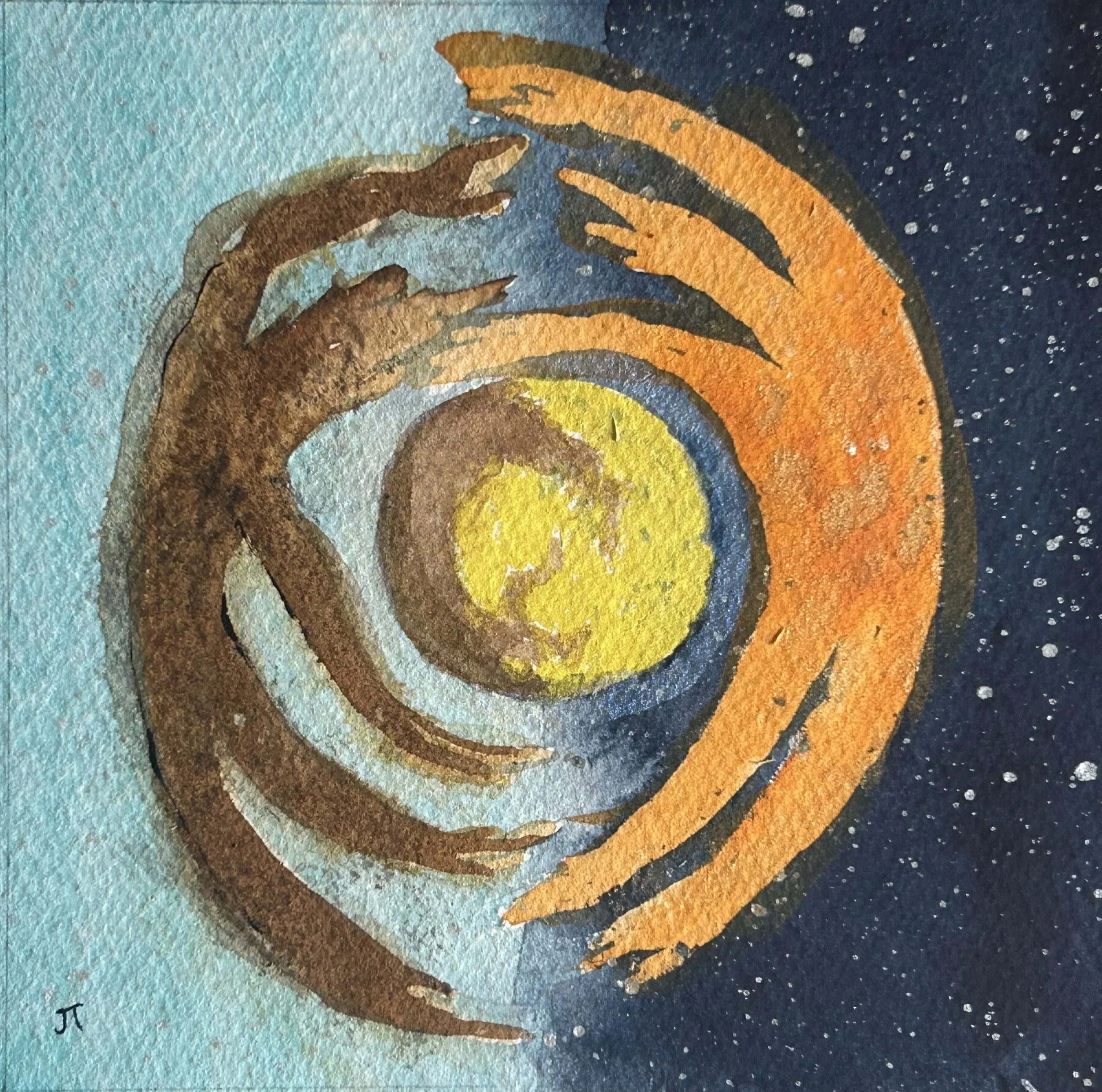 "Dust and Fire Build a World" - Watercolour on paper. Framed to 9" x 9". - $75.00 CD taxes included. Shipping extra.