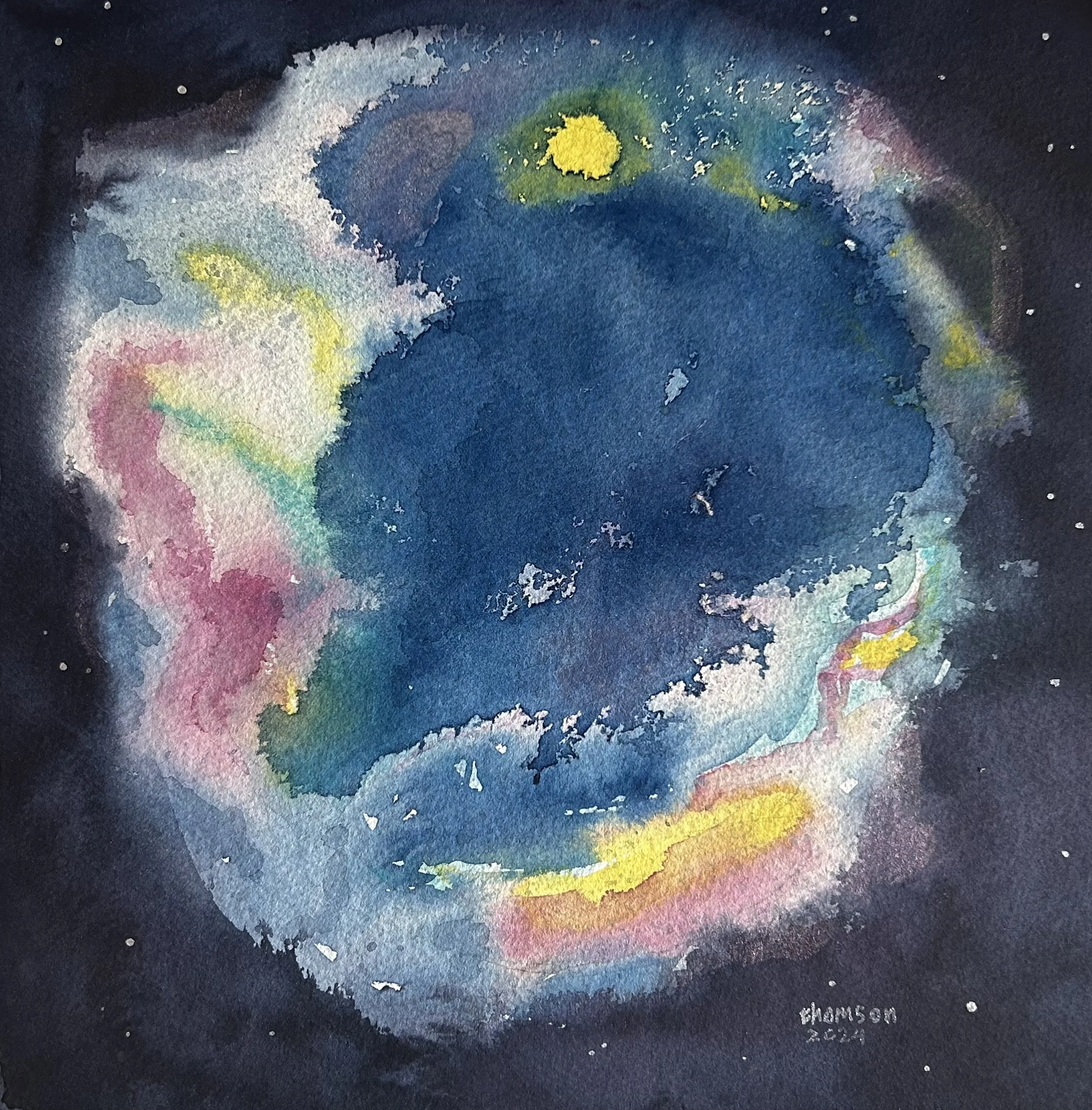 "Dragon Eats the Sun" - Watercolour on paper. Framed to 15.25" x 15.25". - $100.00 CD taxes included. Shipping extra.