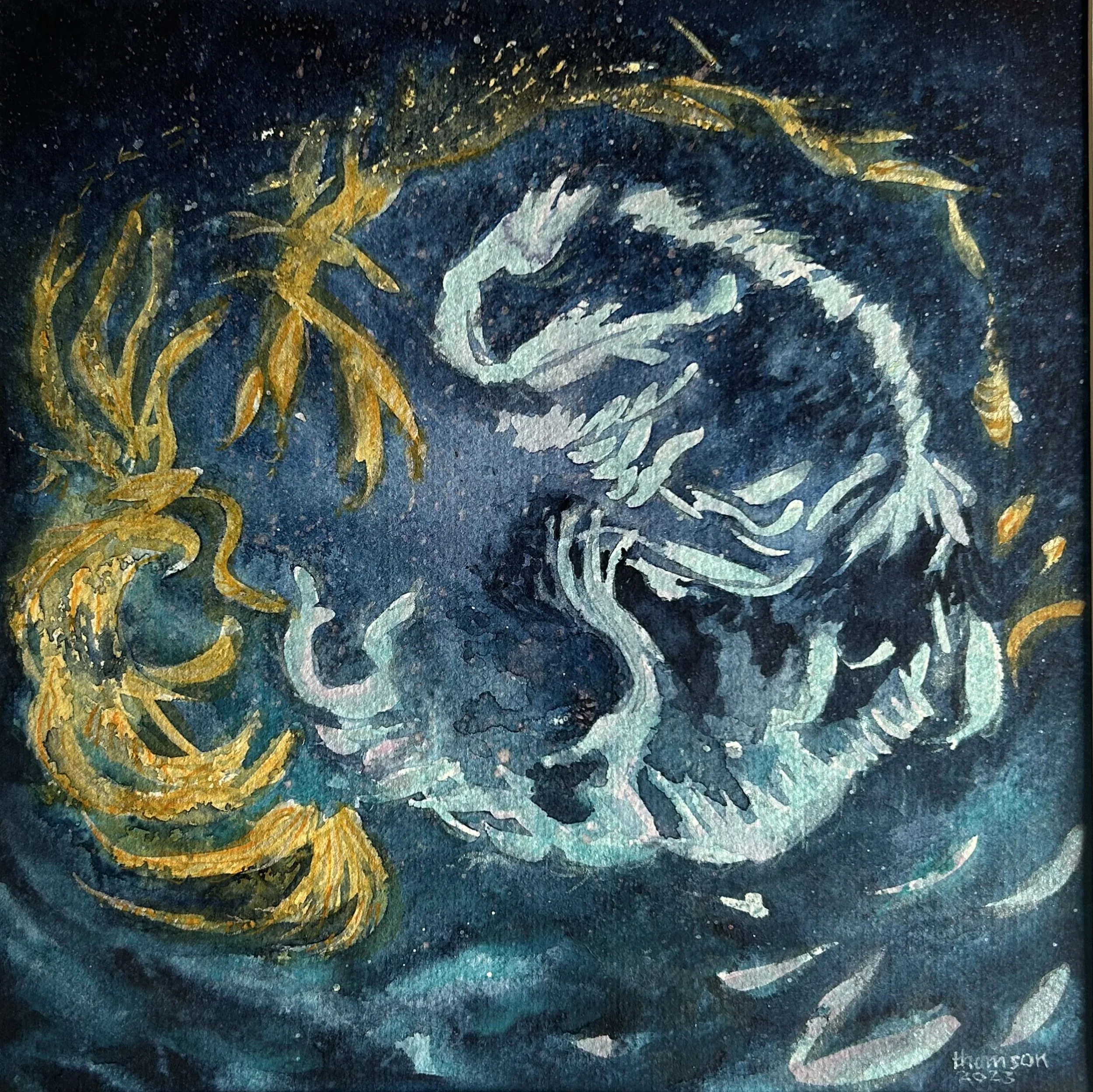 "Dancing Dragons" - Watercolour on paper. Framed to 15.25" x 15.25" - $100.00 CD taxes included.