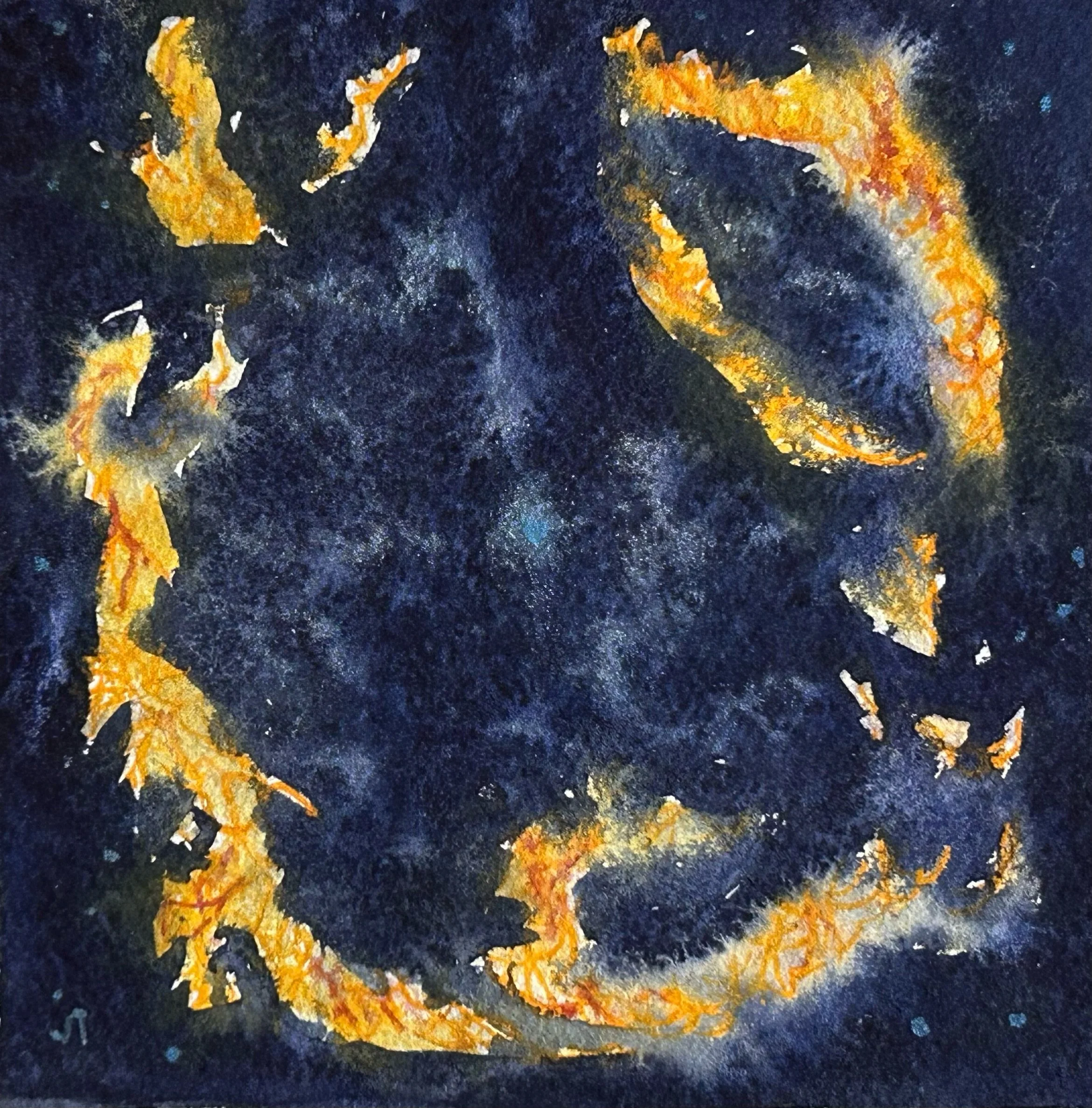 "Dance of Dust and Fire" - Watercolour on paper. Framed to 9" x 9" - Sold to private collection