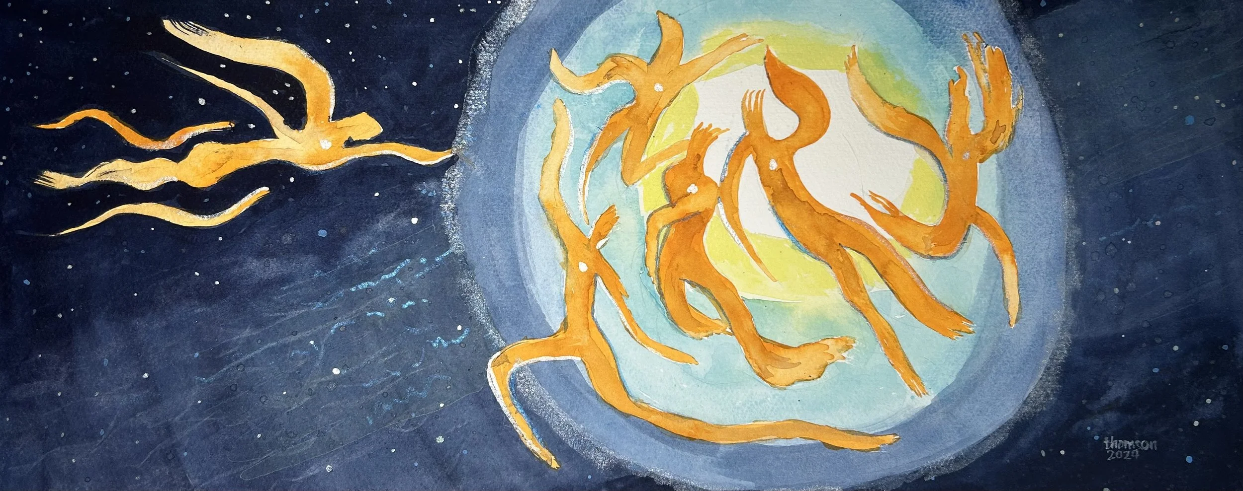 "Joining the Dance" - Watercolour on paper. Framed to 15.75" x 22" - $250.00 CD taxes included. Shipping extra.