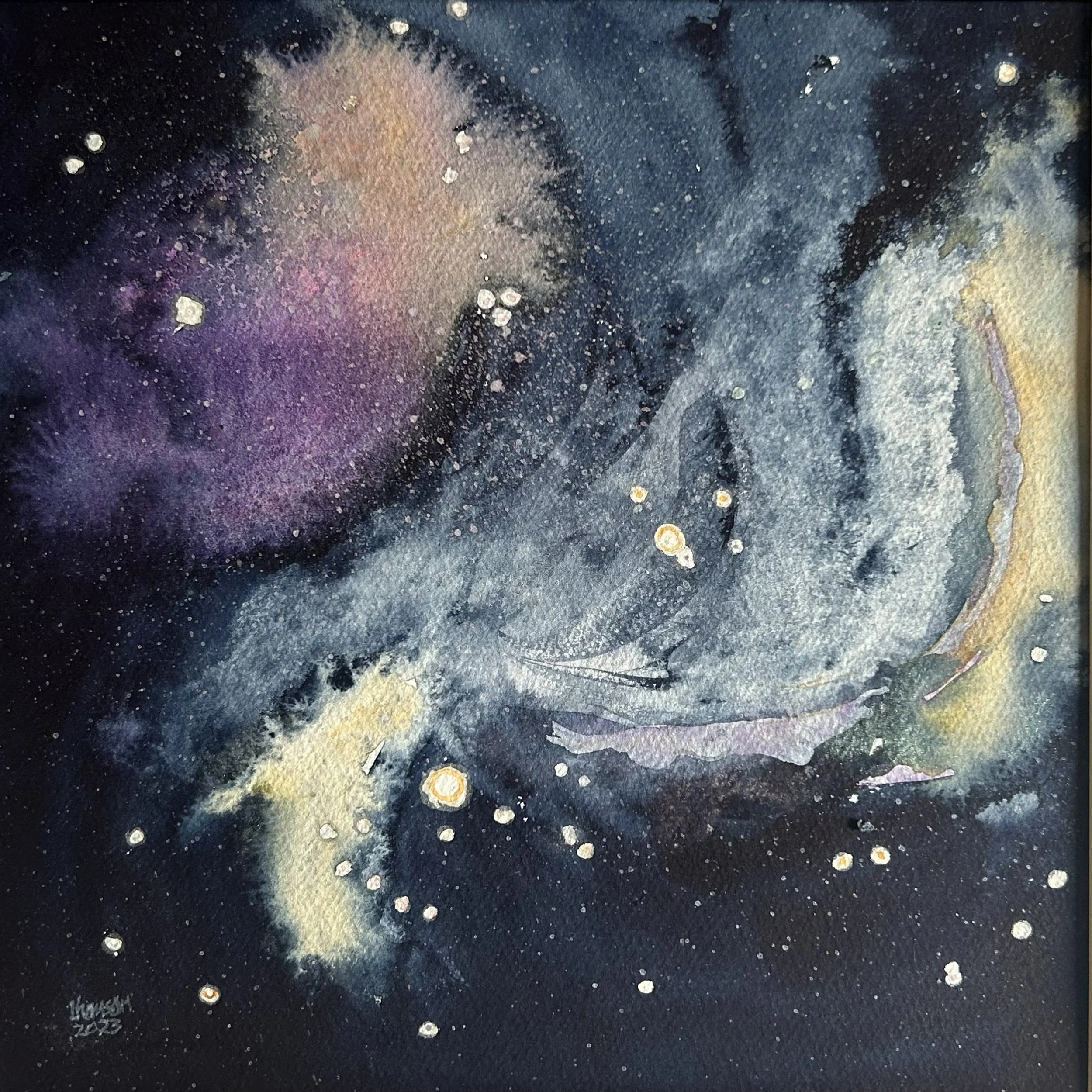 "All The Young Stars Gather" - Watercolour on paper. Framed to 15.25" x 15.25". $100.00 CD taxes included. Shipping extra.