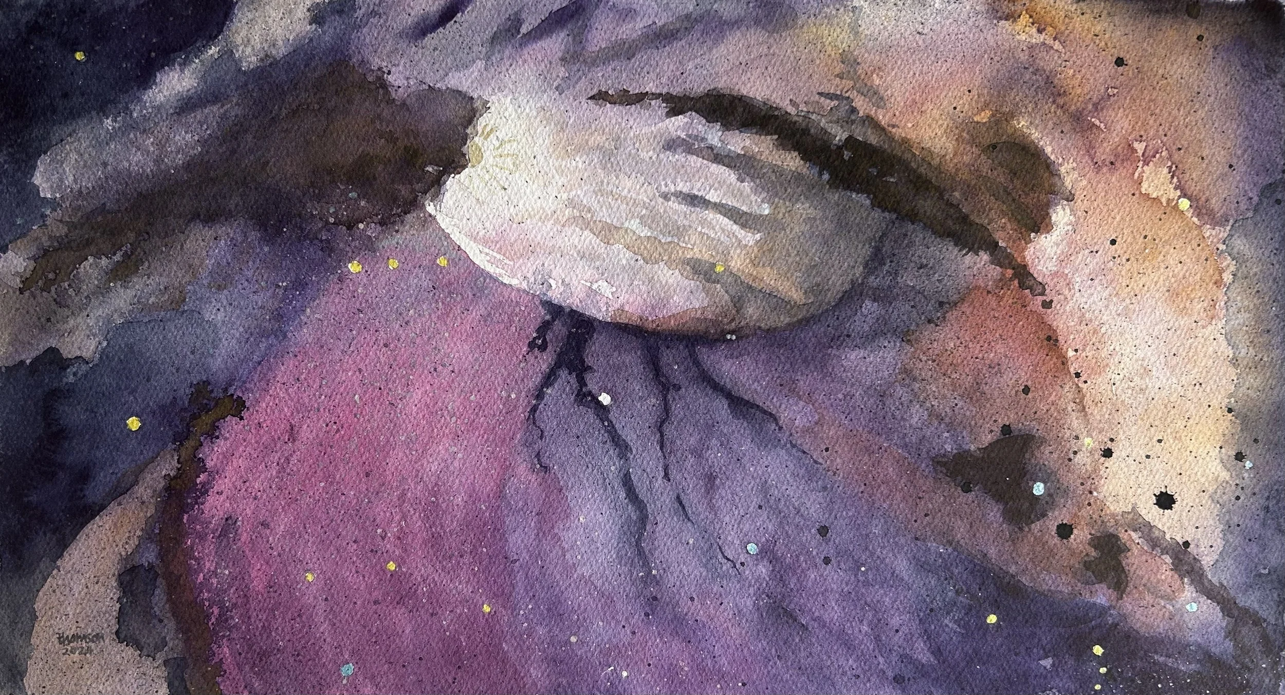 "Heavens Churn" - Watercolour on paper. Framed 15 3/4" x 23 3/4". $325.00 CD taxes included. Shipping extra.