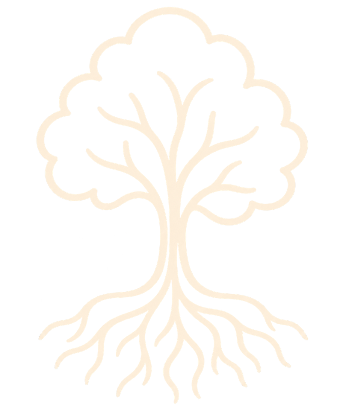 Outline illustration of a tree with leaves and roots, depicted in a minimalist style.
