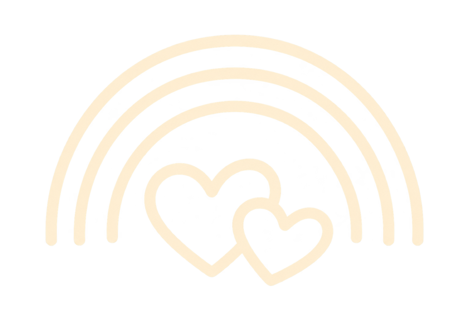 White neon outline of a rainbow with three hearts at the base, set against a black background.