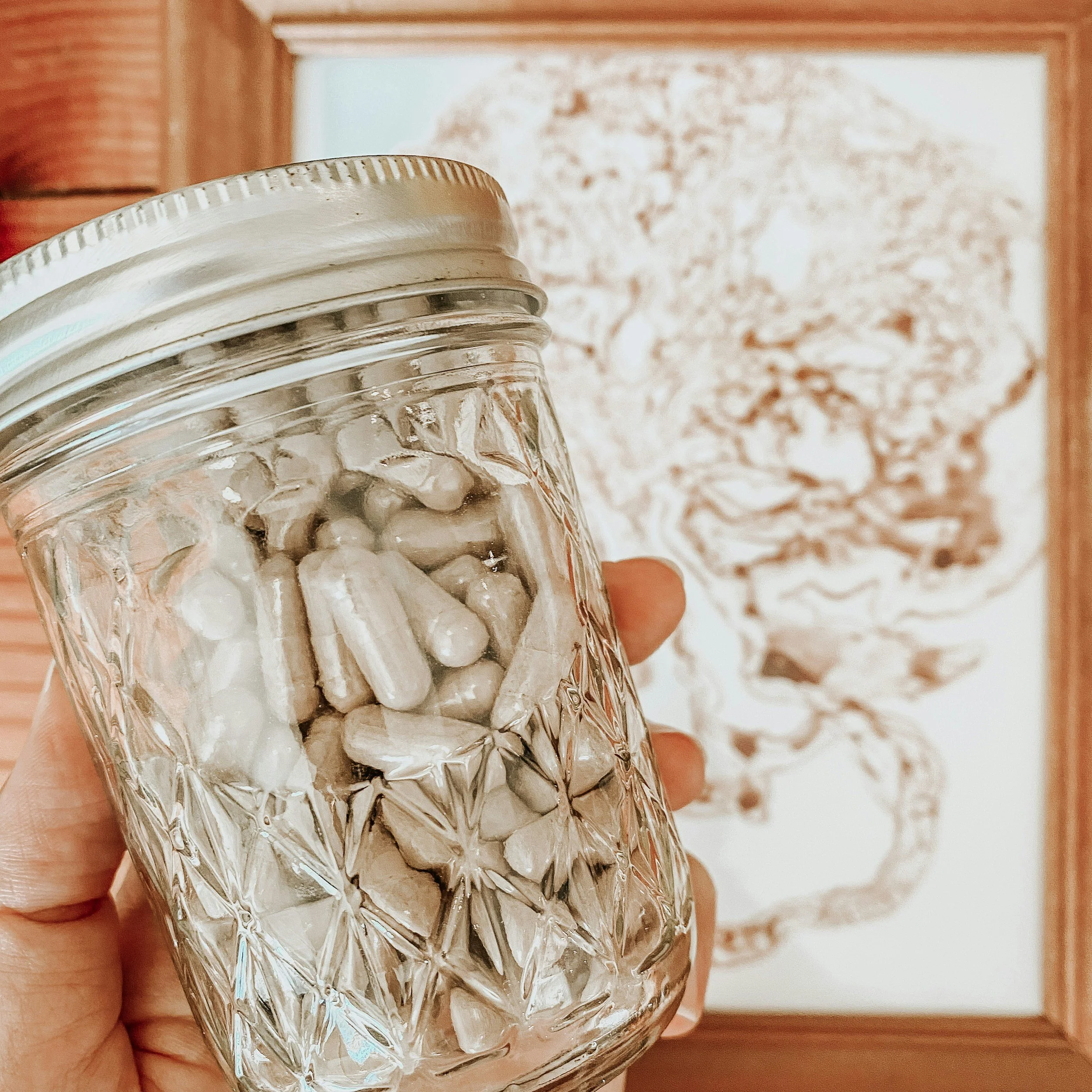 Jar of placenta capsules and a placenta print in the background