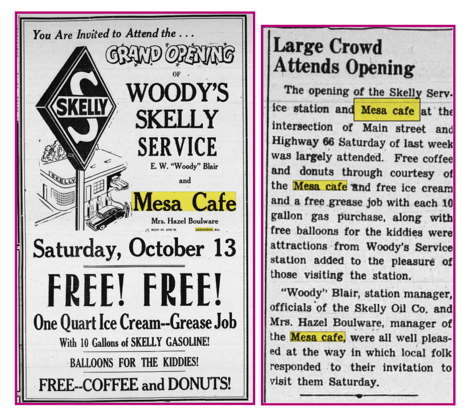 Newspaper Clipping & Advertisement for Skelly Service Station & Mesa Cafe, Circa 1962, Source: The Lexingtonian