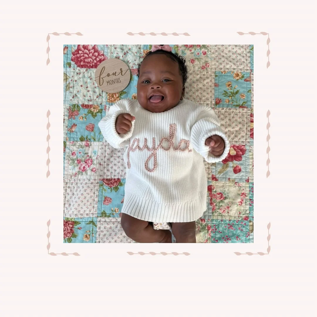 Sweet Hello Baby Jayda is smiling her way into 4 months in the beautiful sweater her mama stitched. 💜 💜 💜